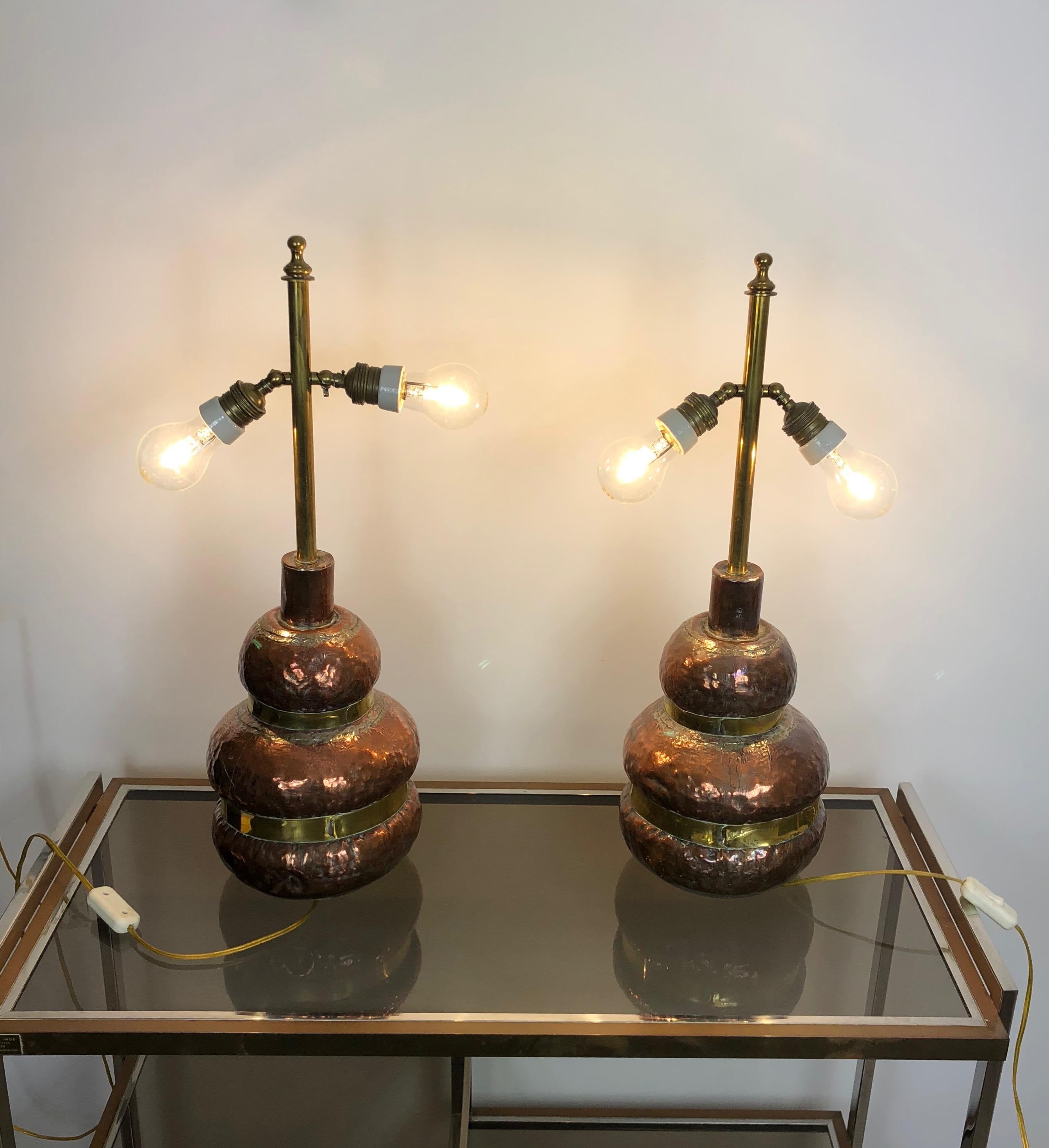 Pair of Adjustable Copper Table Lamp with Brass, 1970s, Florence, Italy For Sale 1