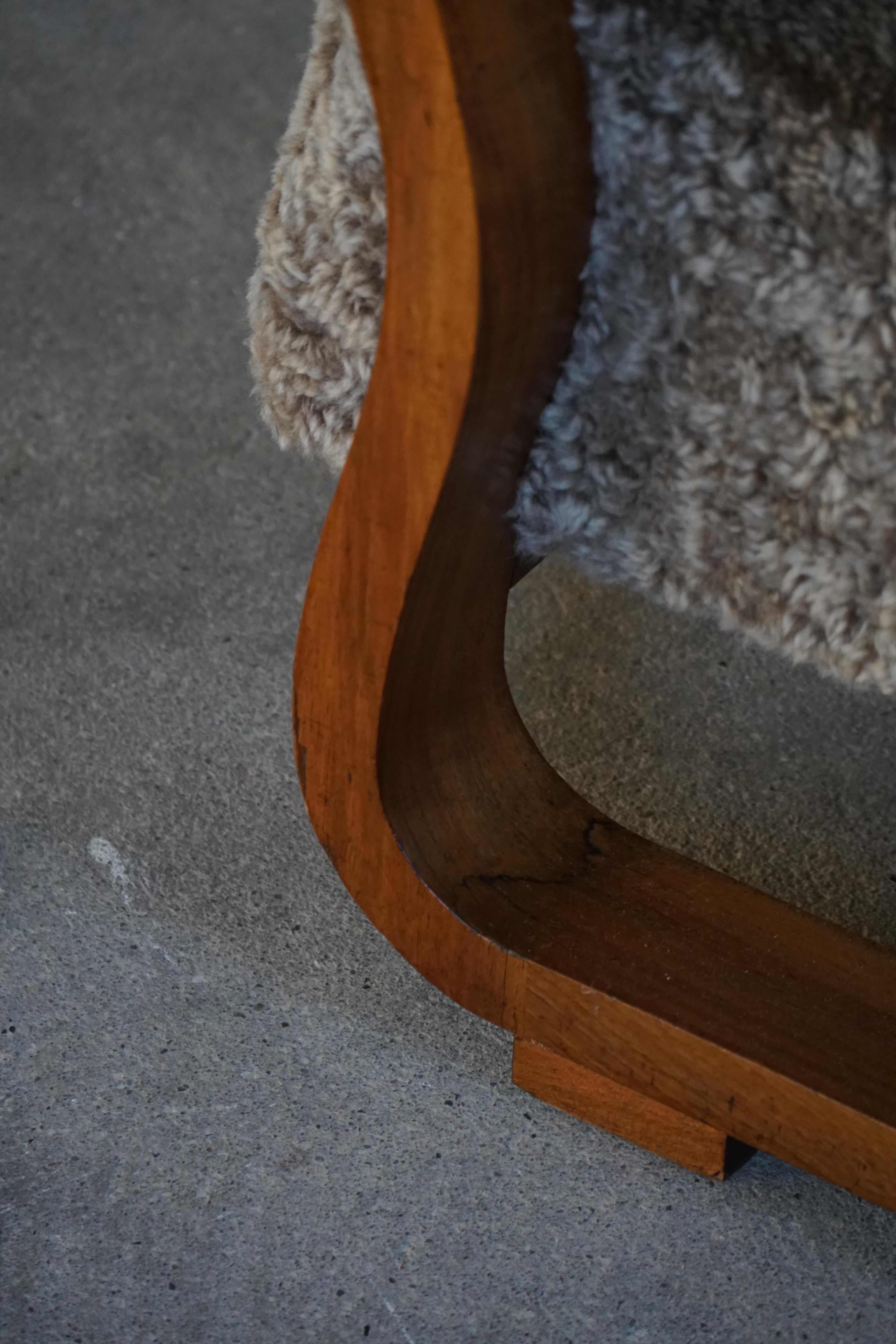 Pareja de sillones Art Decó daneses ajustables de lana de cordero y nogal, años 30 en venta 9