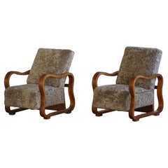 Pair of Adjustable Danish Art Deco Lounge Chairs in Lambswool & Walnut, 1930s