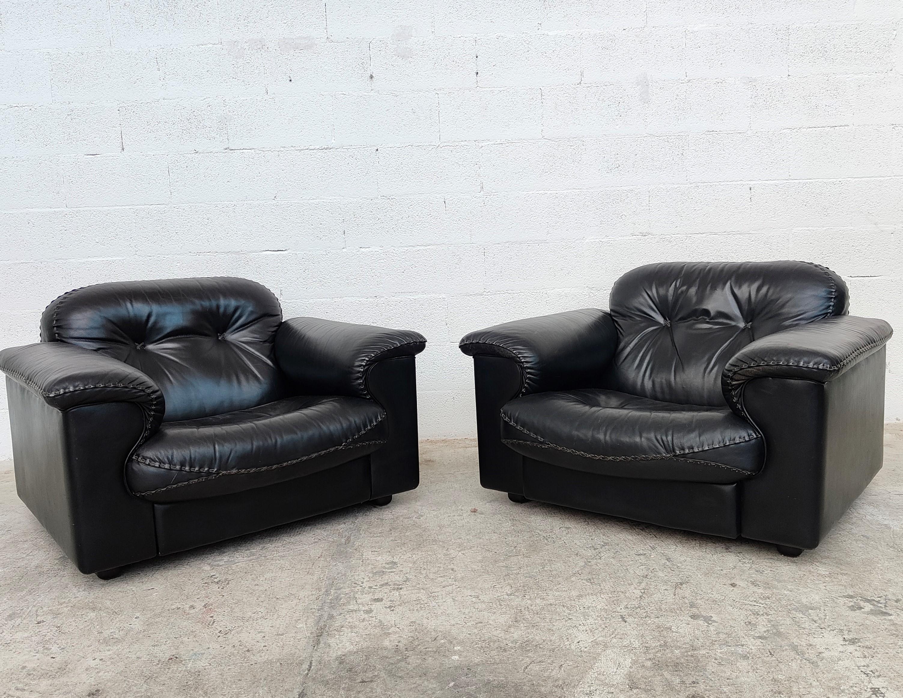 Late 20th Century Pair of Adjustable De Sede Black Leather Armchairs DS-101 Model 70s