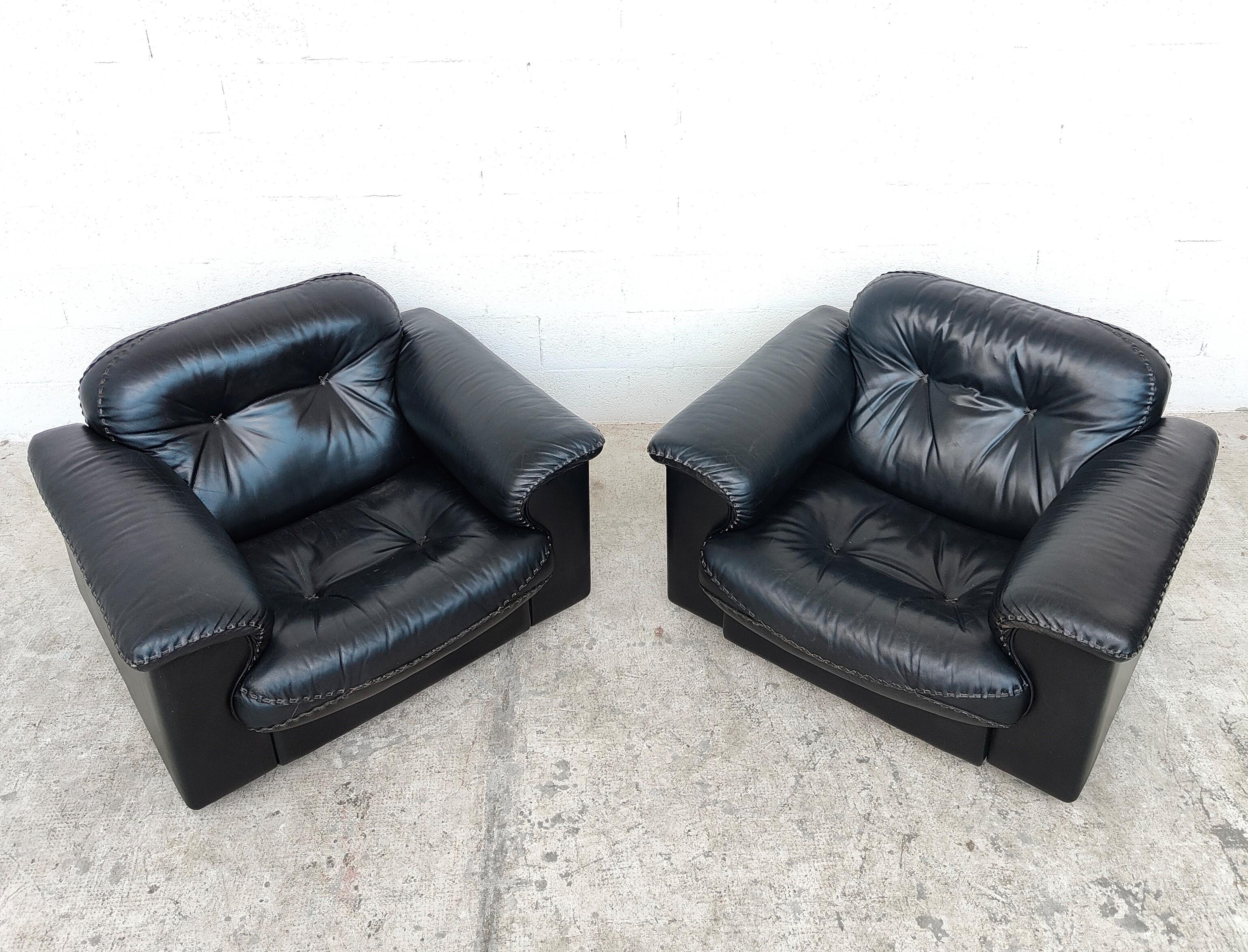 Pair of Adjustable De Sede Black Leather Armchairs DS-101 Model 70s 1