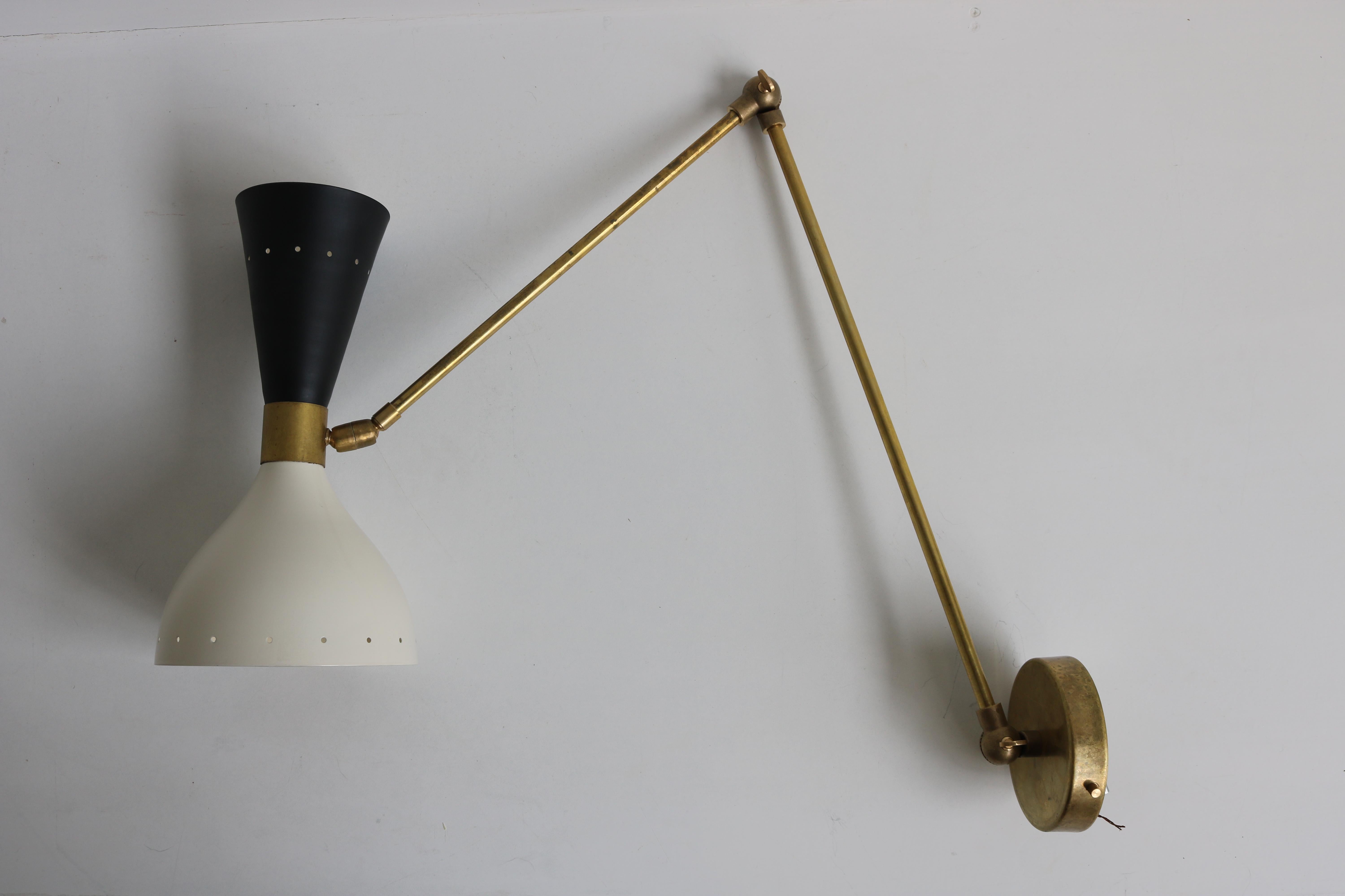 Metal Pair of Adjustable Italian Wall Lights / Sconces 1950 Brass Black White Stilnovo For Sale