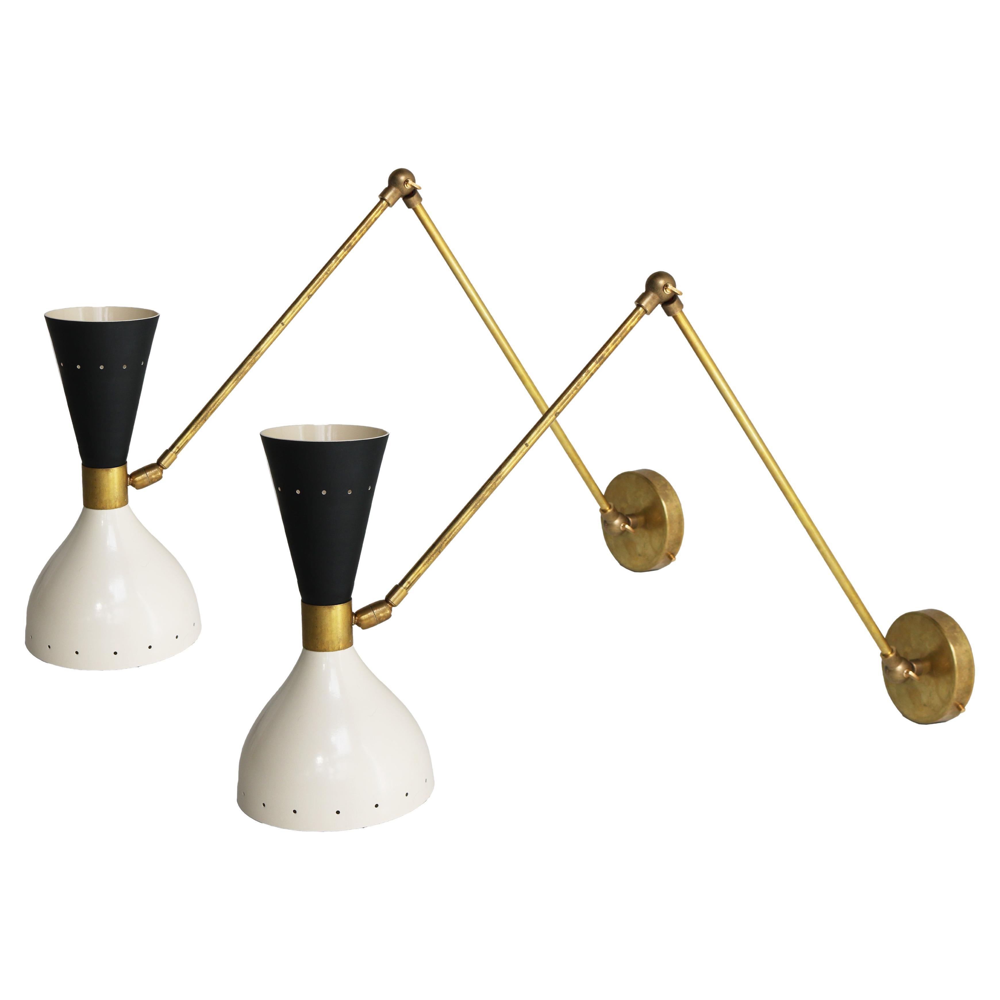 Pair of Adjustable Italian Wall Lights / Sconces 1950 Brass Black White Stilnovo