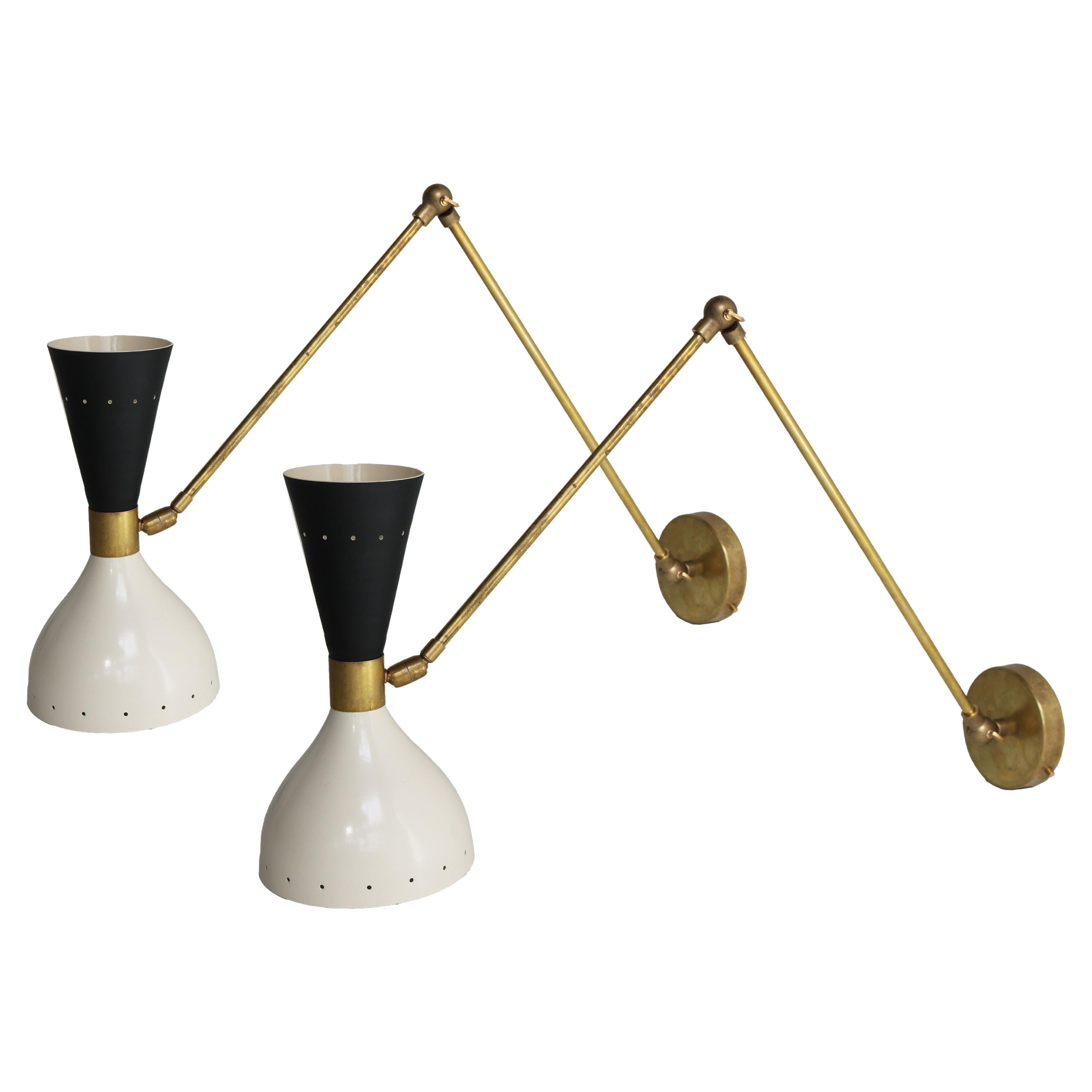 Pair of Adjustable Italian Wall Lights / Sconces 1950 Brass Black White Stilnovo For Sale