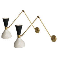 Used Pair of Adjustable Italian Wall Lights / Sconces 1950 Brass Black White Stilnovo