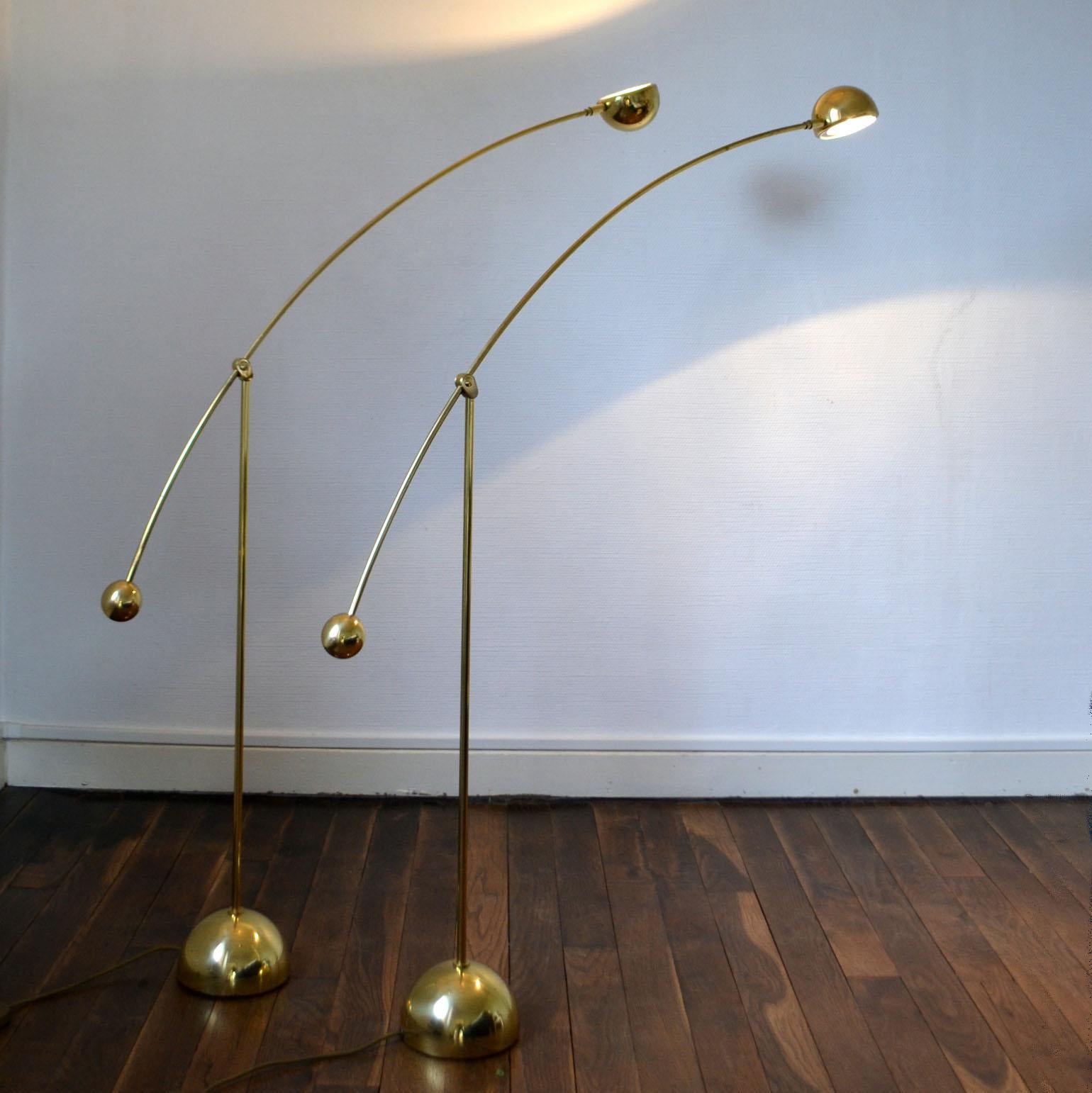 Pair of Adjustable Minimal Brass Bowed Floor Lamps 4