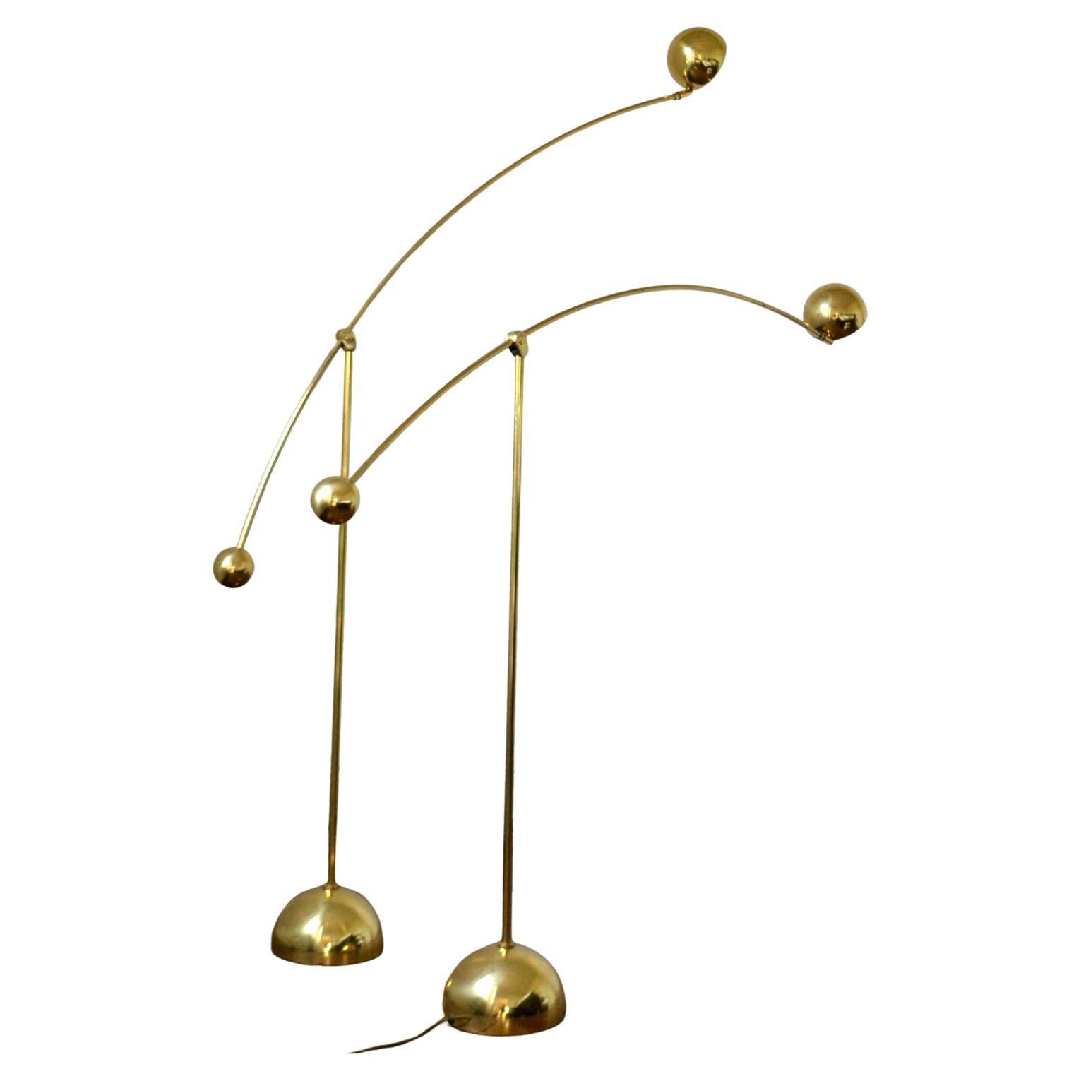 Mid-Century Modern Pair of Adjustable Minimal Brass Bowed Floor Lamps