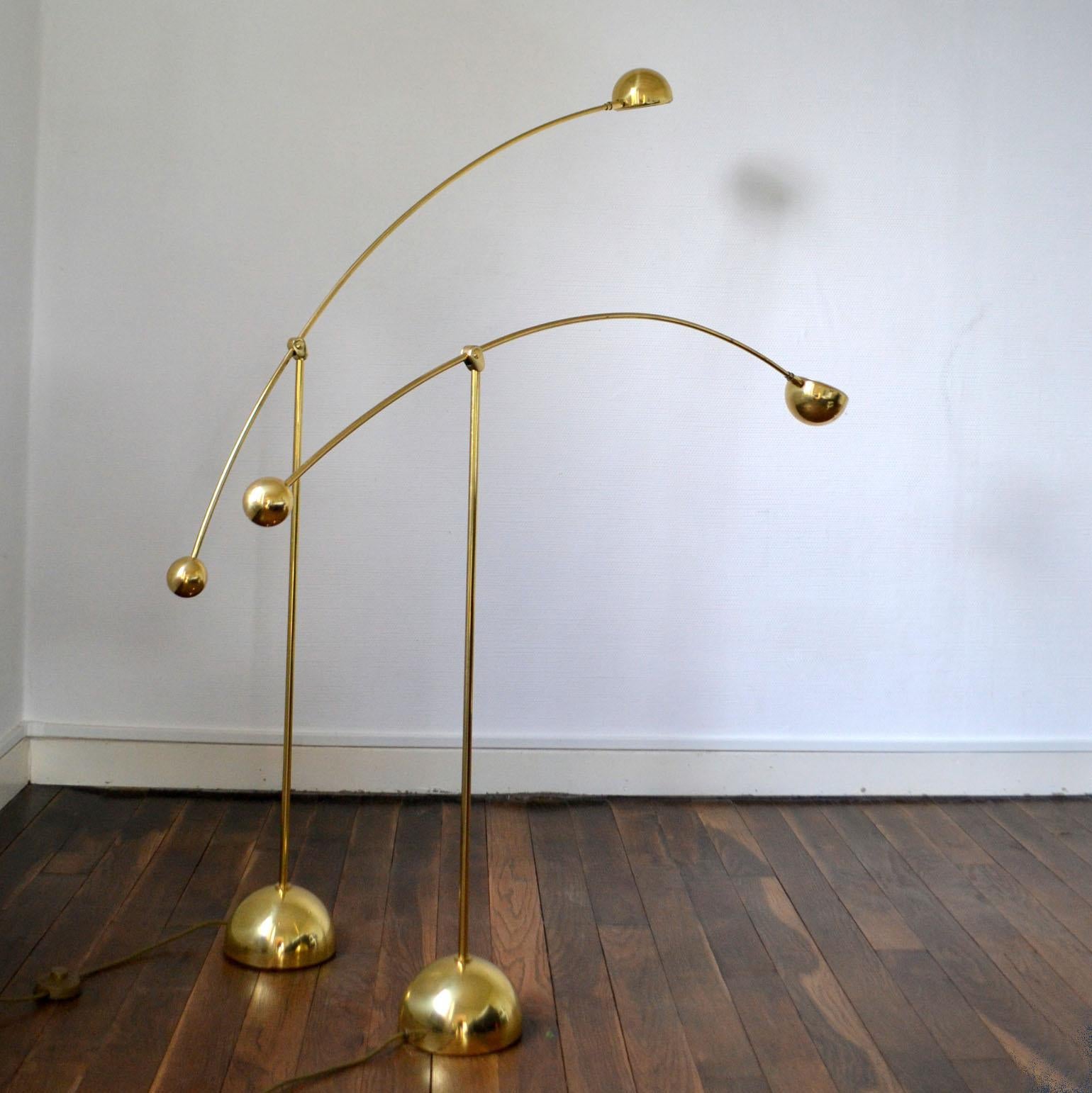 German Pair of Adjustable Minimal Brass Bowed Floor Lamps