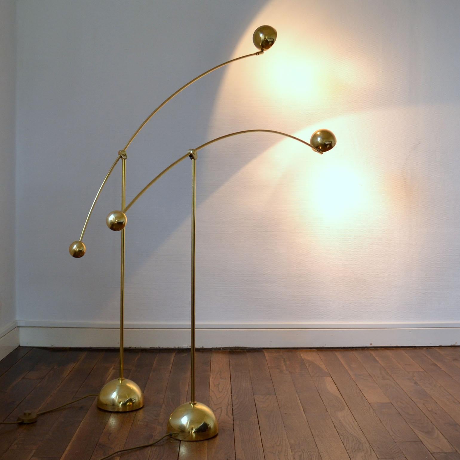 Pair of Adjustable Minimal Brass Bowed Floor Lamps 2