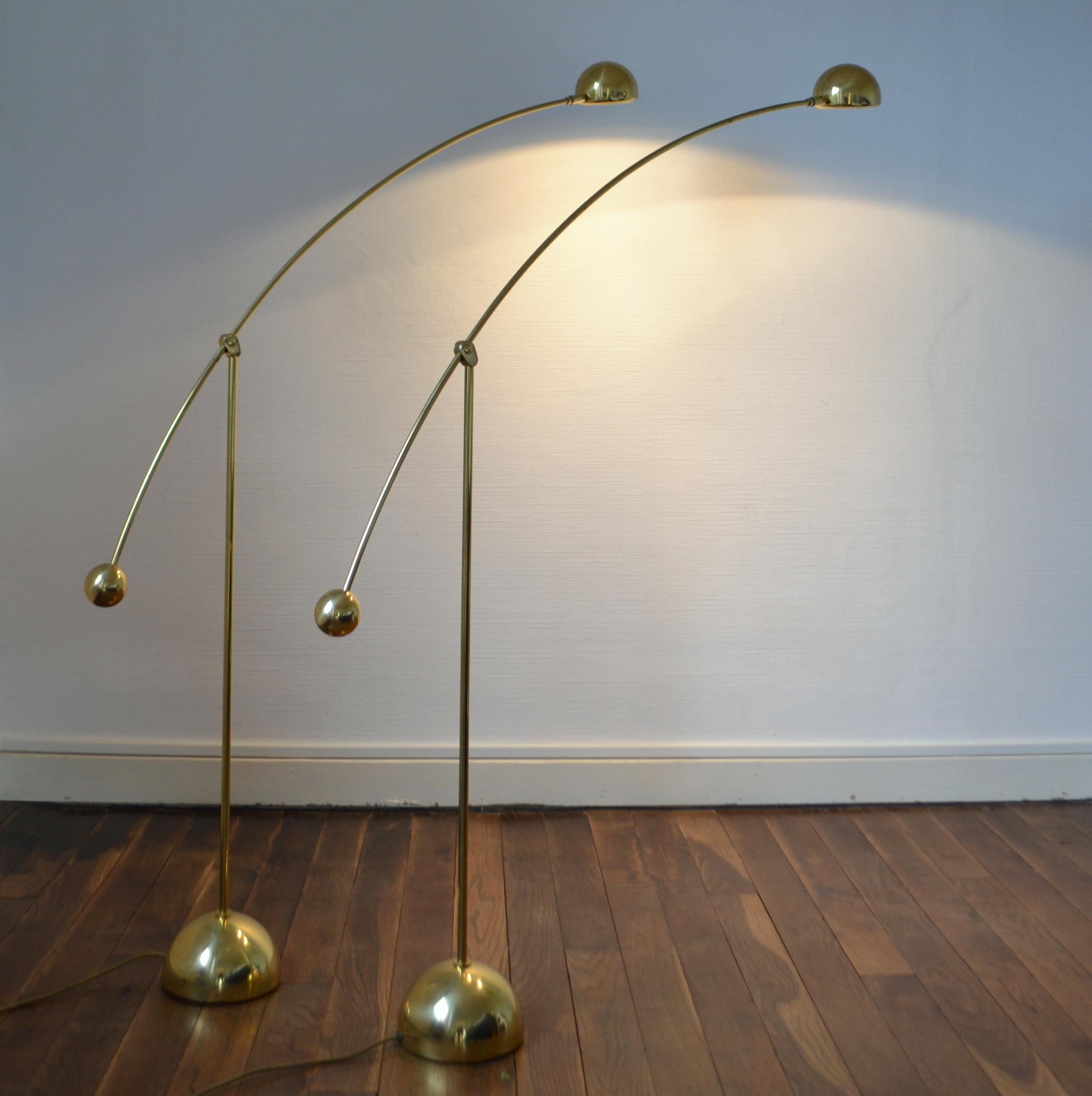 Pair of Adjustable Minimal Brass Bowed Floor Lamps 3