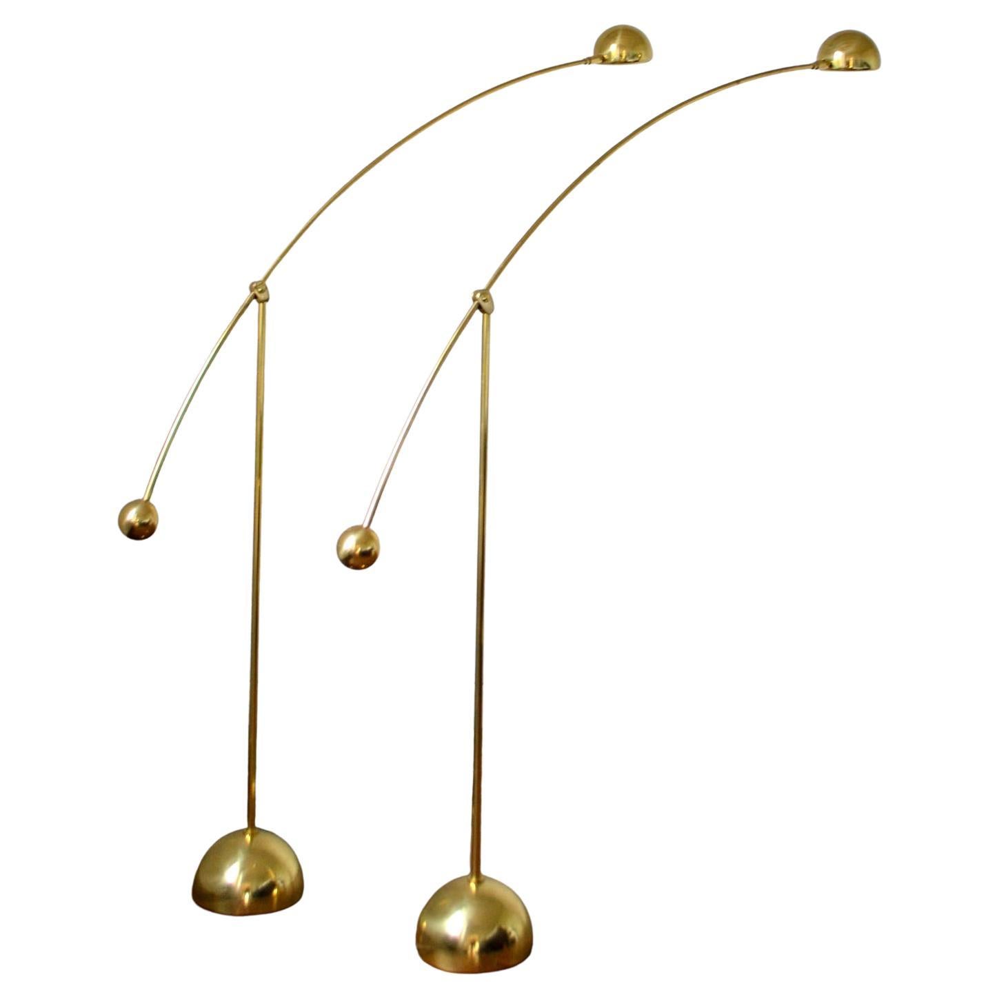 Pair of Adjustable Minimal Brass Bowed Floor Lamps