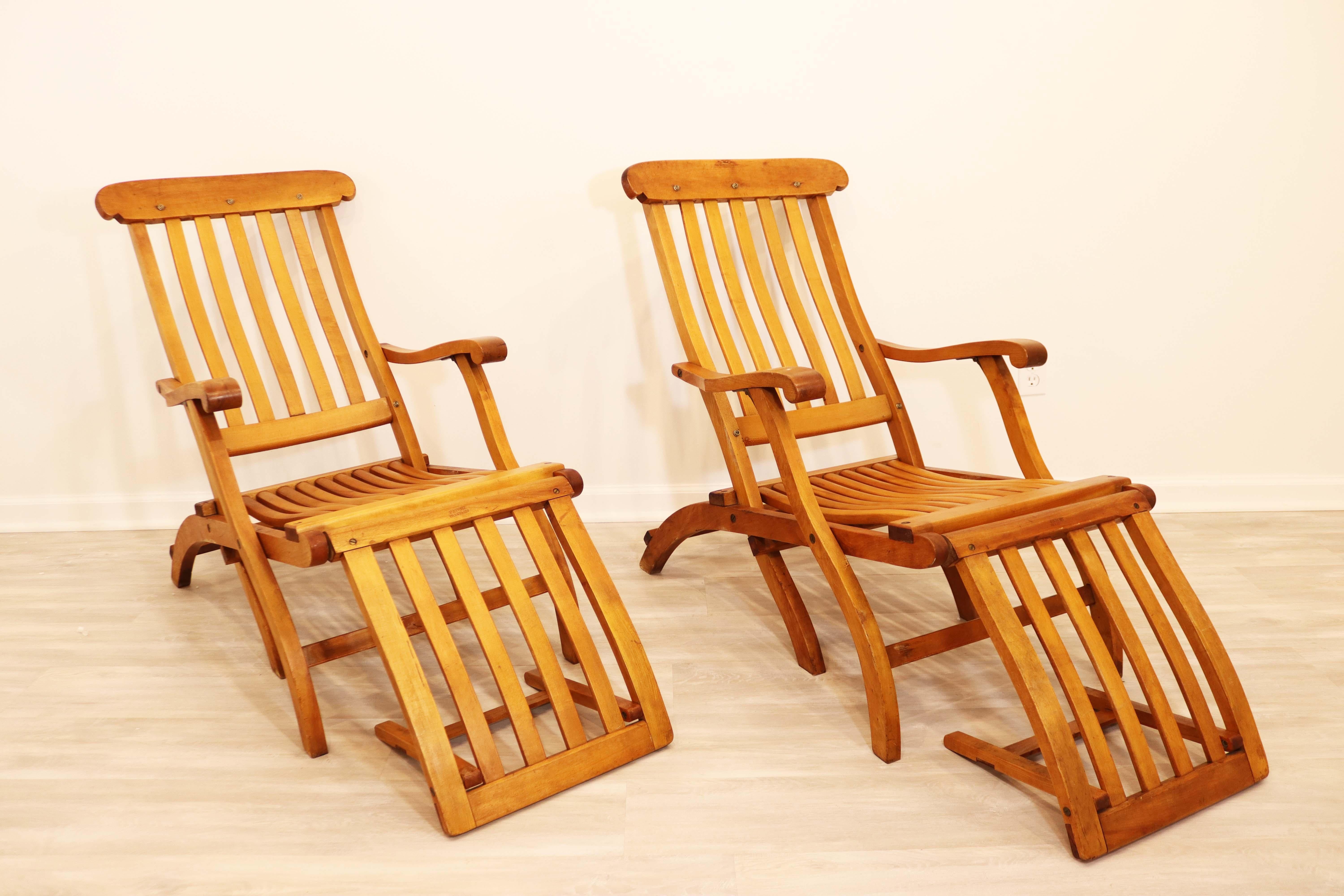 Wood Pair of Adjustable Readsboro Folding Teak Steamer Chairs, Stamped
