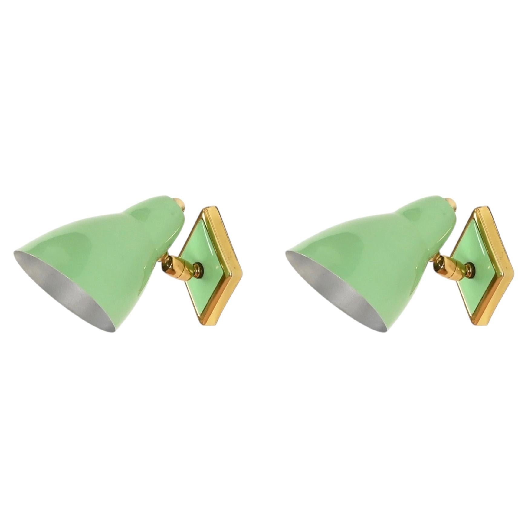 Pair of Adjustable Sconces in Brass and Green Metal, Stilnovo, Italy, 1950s