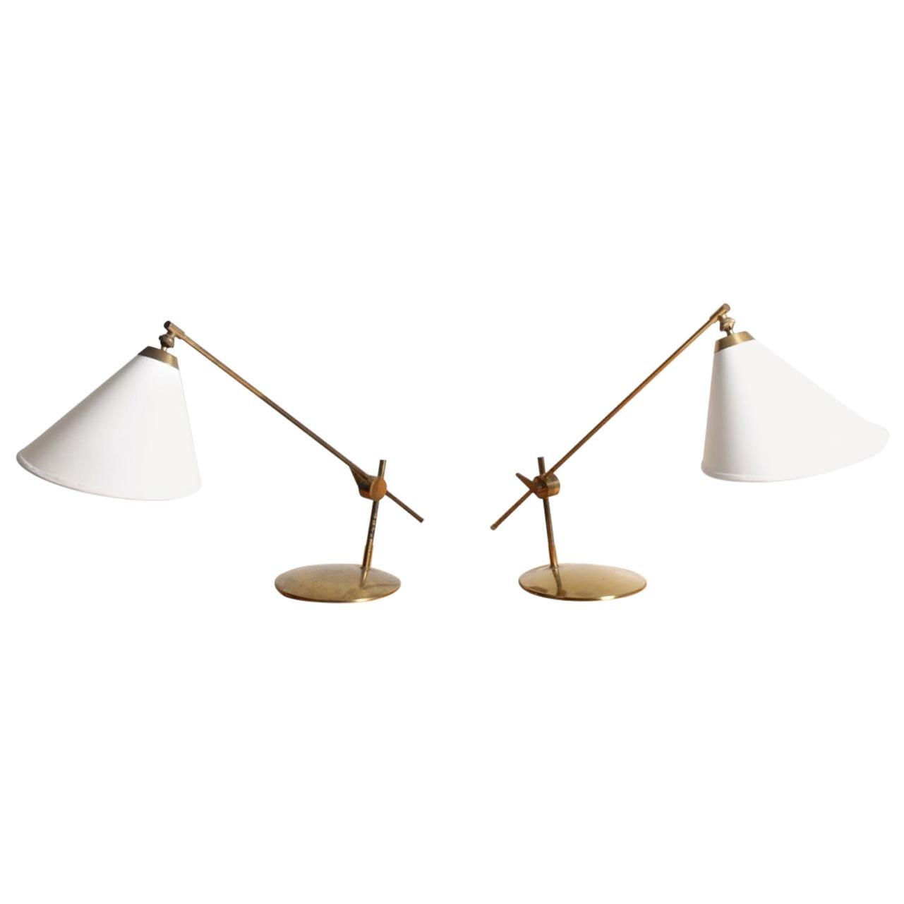 Pair of Adjustable Table Lamps in Brass Designed by Poul Dinesen, 1950s