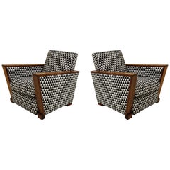 Pair of Adnet Style Deco Geometric French Lounge Chairs, France, 1940s