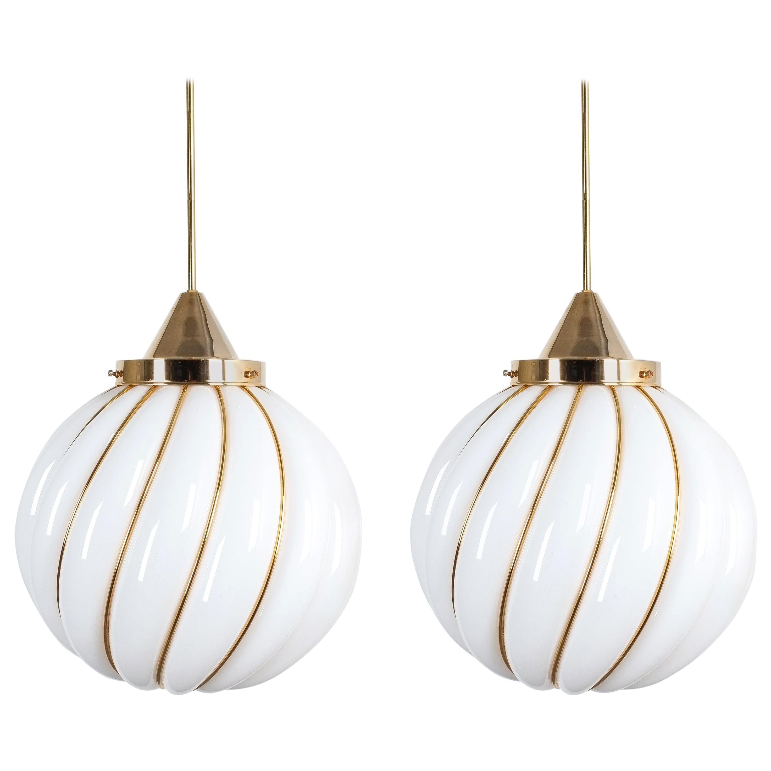 Pair of Adolf Loos Pendant Lamps for VeArt Opal Glass Gold, circa 1960