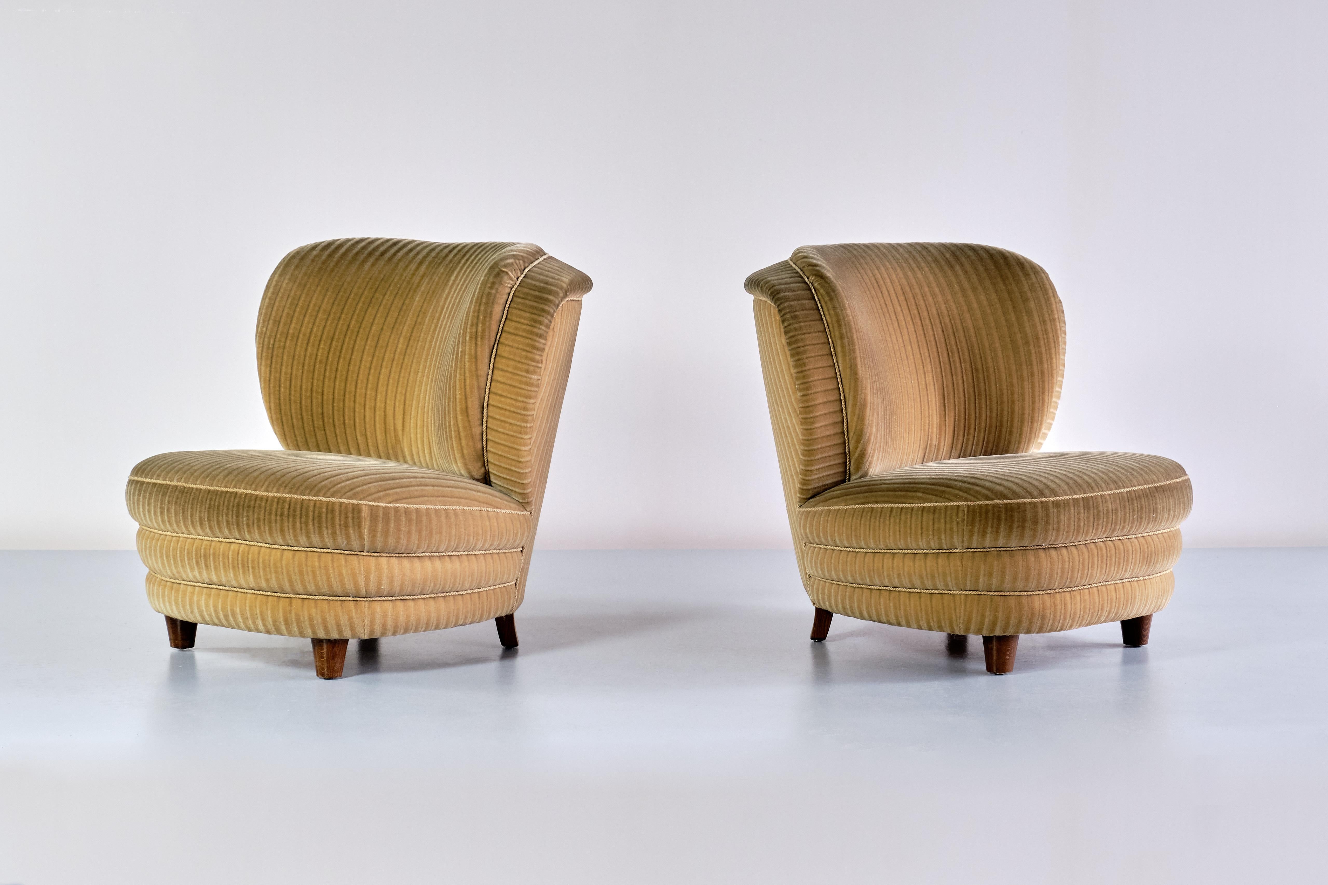 Mid-Century Modern Pair of Adolf Wrenger Curved Lounge Chairs in Corduroy Velvet, Germany, 1950s
