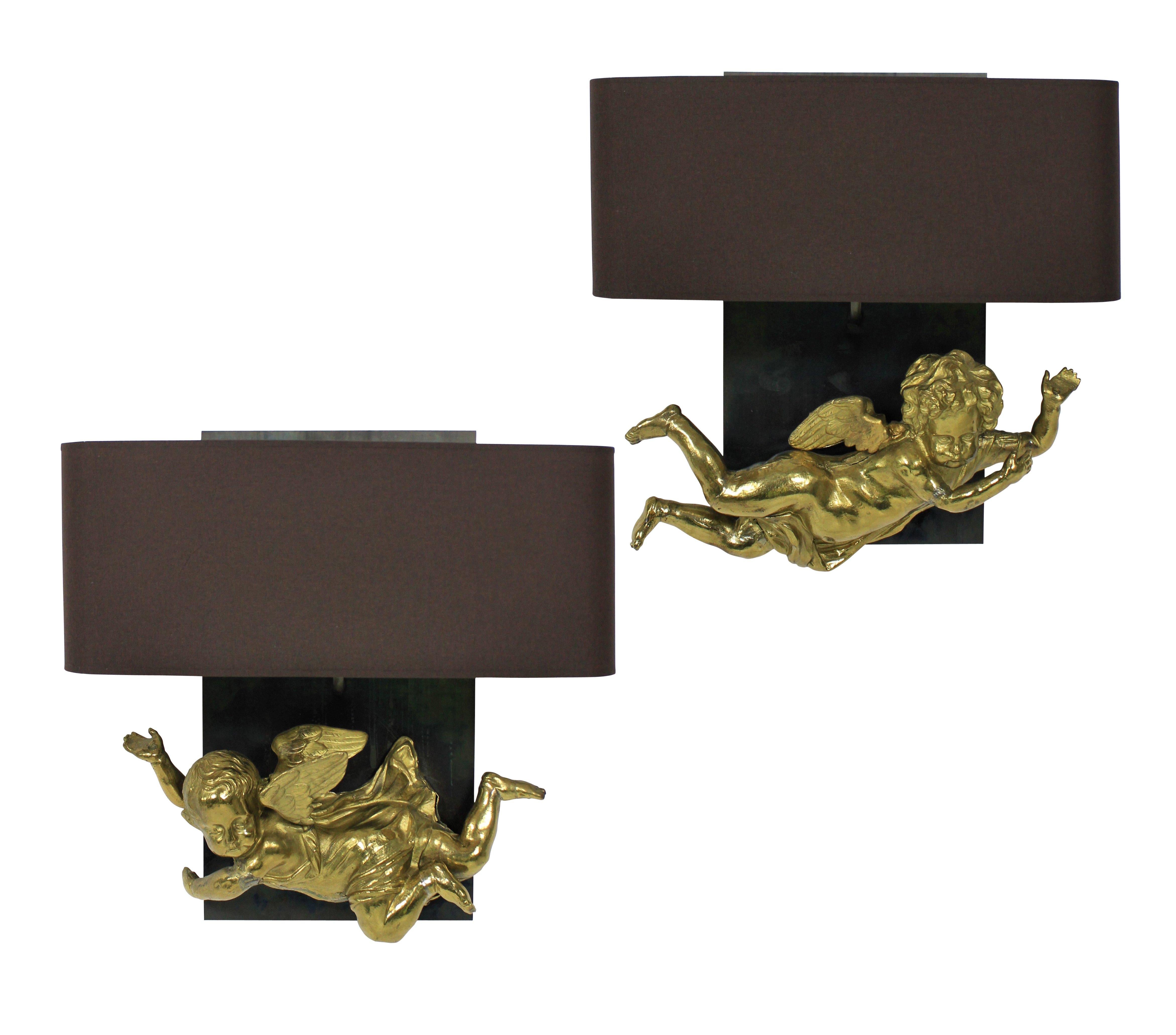 Late 19th Century Pair of Adorable Gilt Brass Cherub Wall Sconces