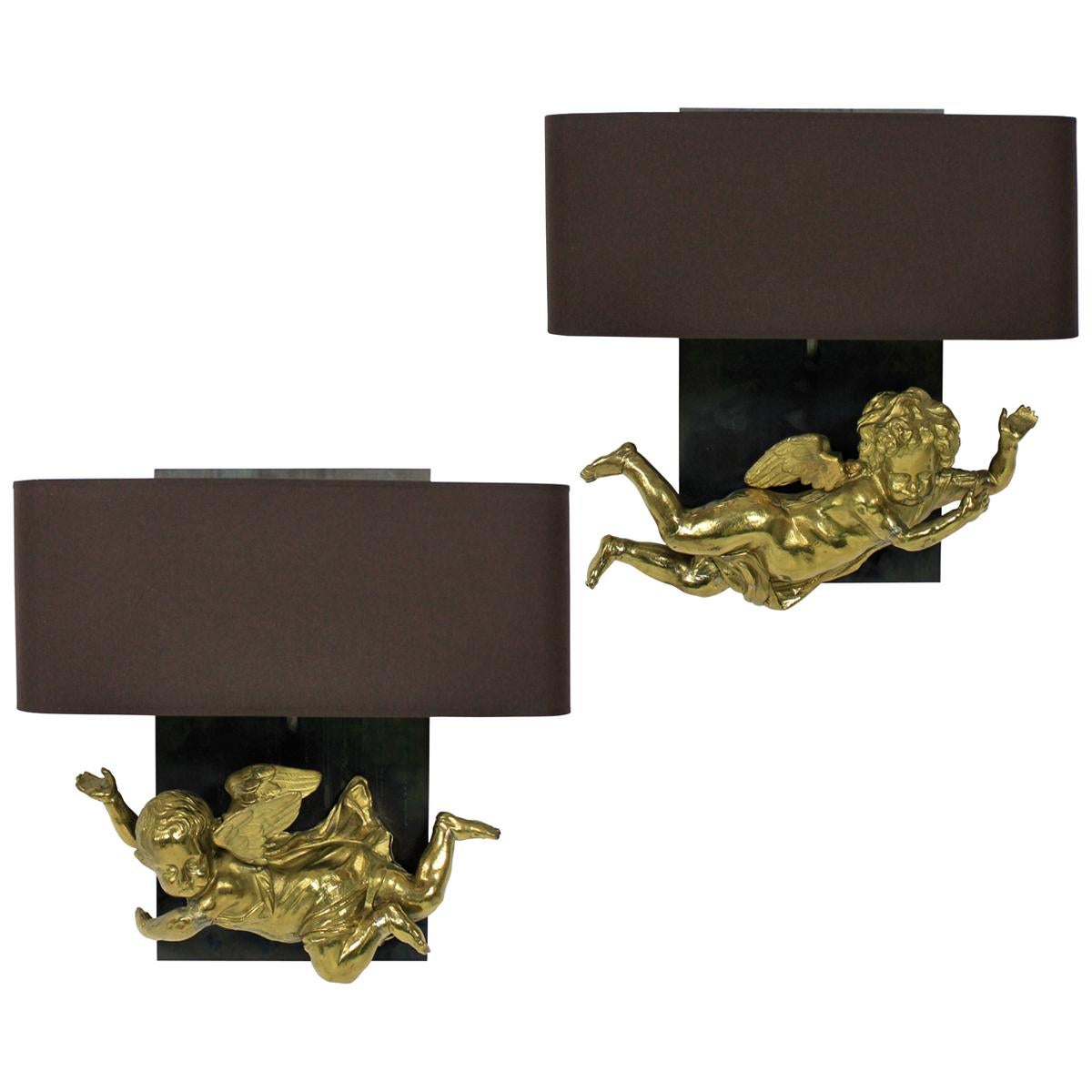 Pair of Adorable Gilt Brass Cherub Wall Sconces