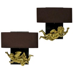 Pair of Adorable Gilt Brass Cherub Wall Sconces