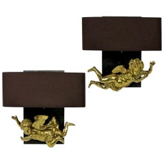 Pair of Adorable Gilt Brass Cherub Wall Sconces