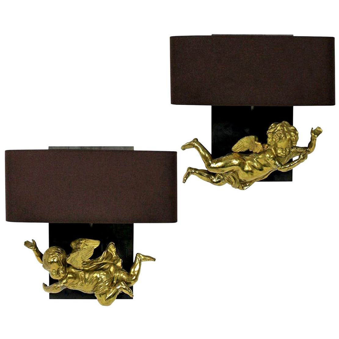 Pair of Adorable Gilt Brass Cherub Wall Sconces