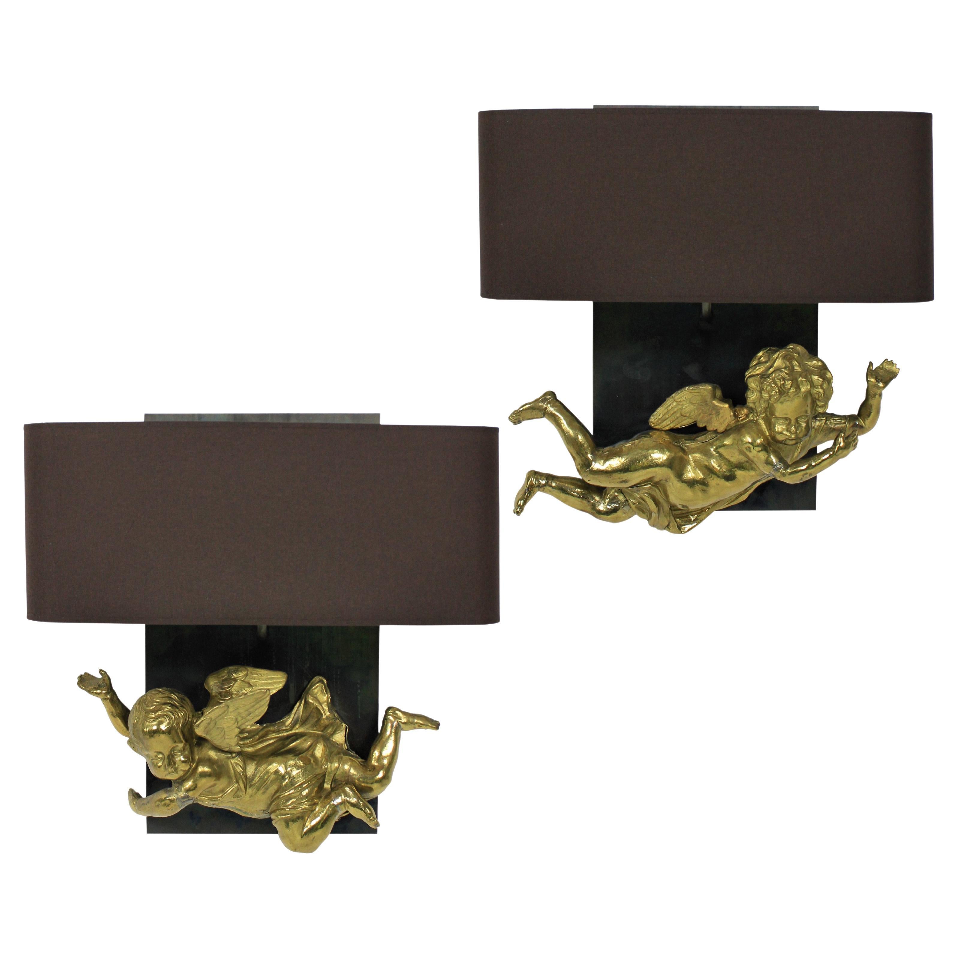 Pair of Adorable Gilt Brass Cherub Wall Sconces For Sale