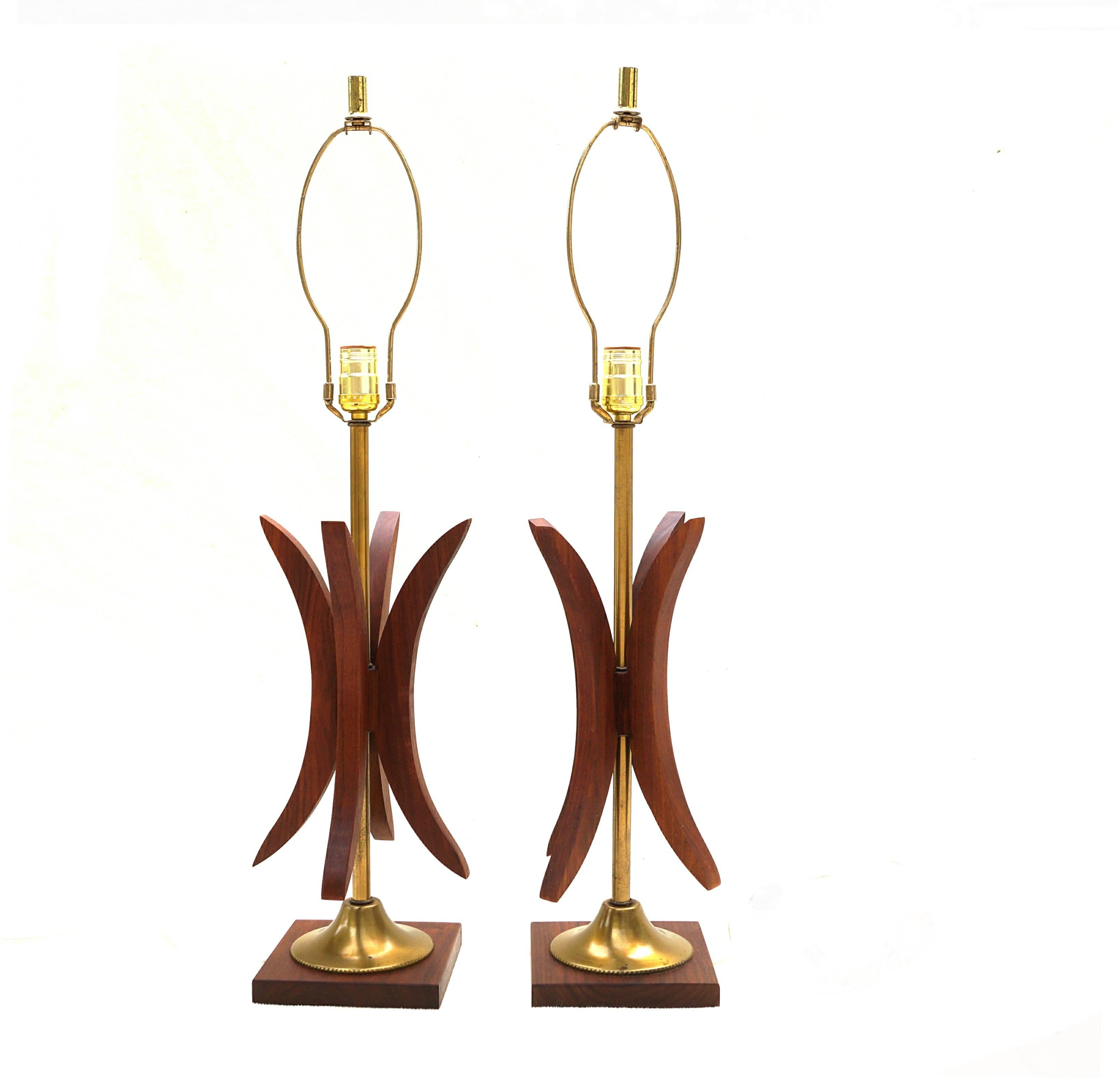 1960's Adrian Pearsall attributed sculptural wood and brass 3 way table lamps 
Height to light socket 21.25''