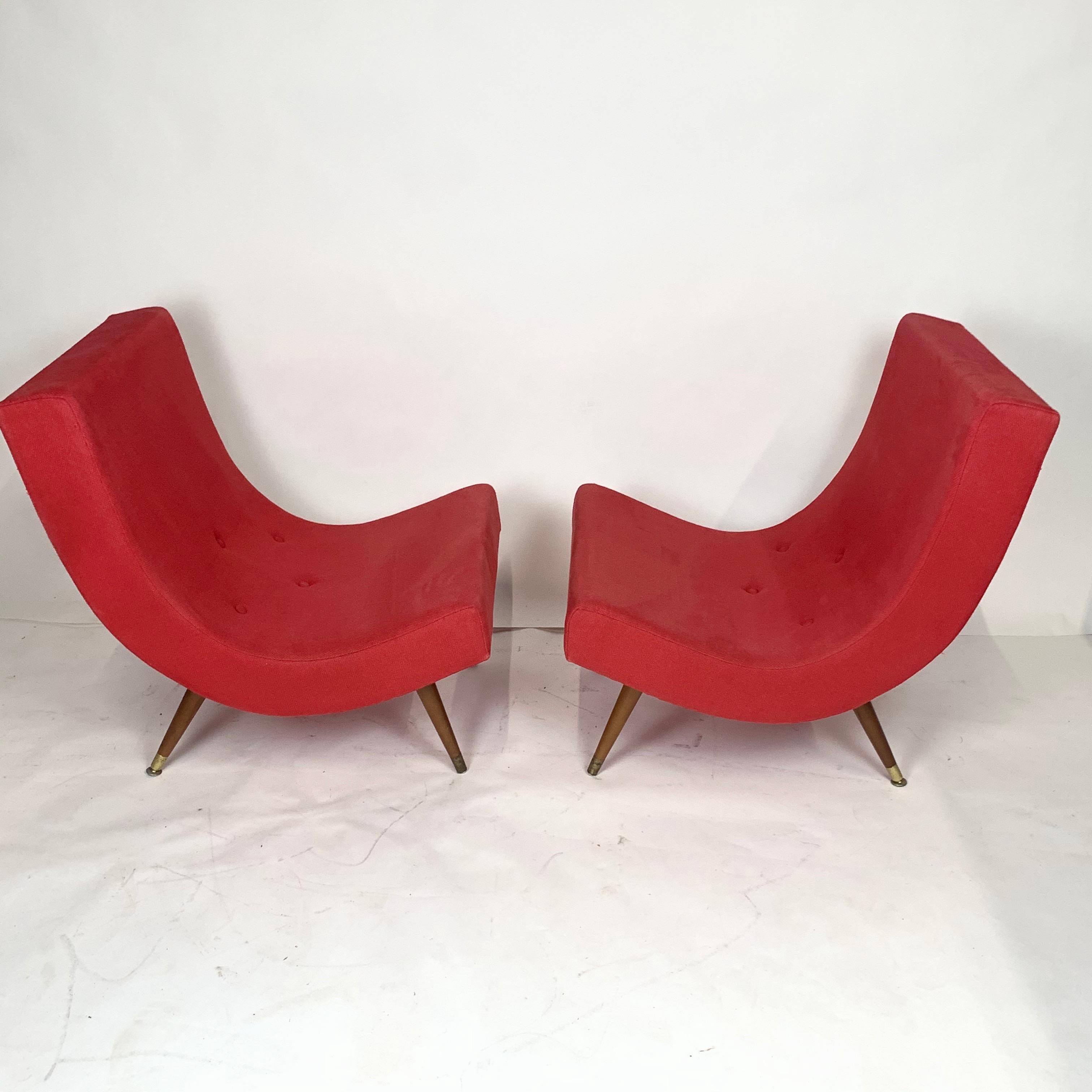 Pair of Adrian Pearsall attributed Mid-Century Modern red scoop lounge chairs. All original in very good condition. Red upholstery in very good condition.