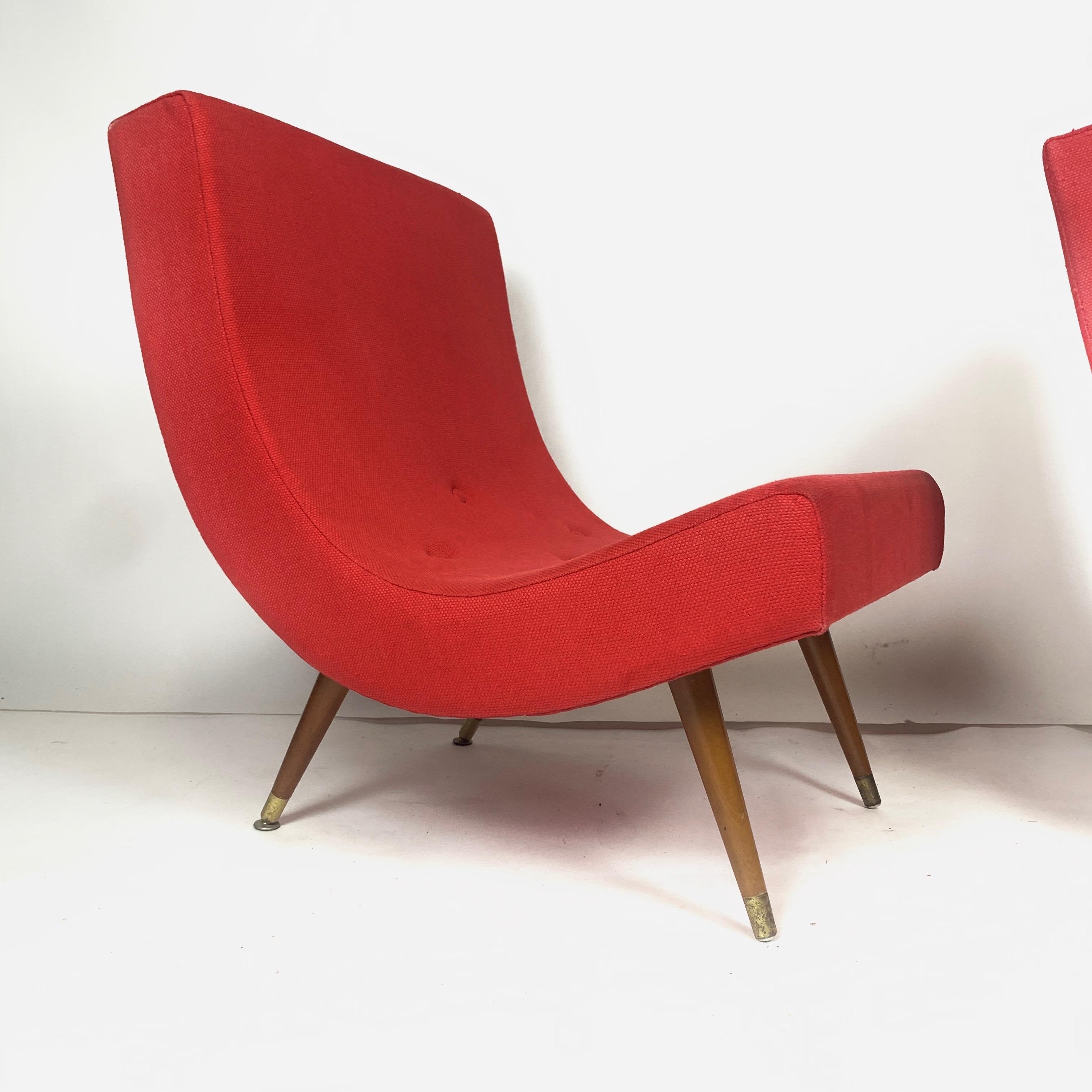 Pair of Adrian Pearsall Attributed Mid-Century Modern Red Scoop Lounge Chairs In Good Condition In Hudson, NY