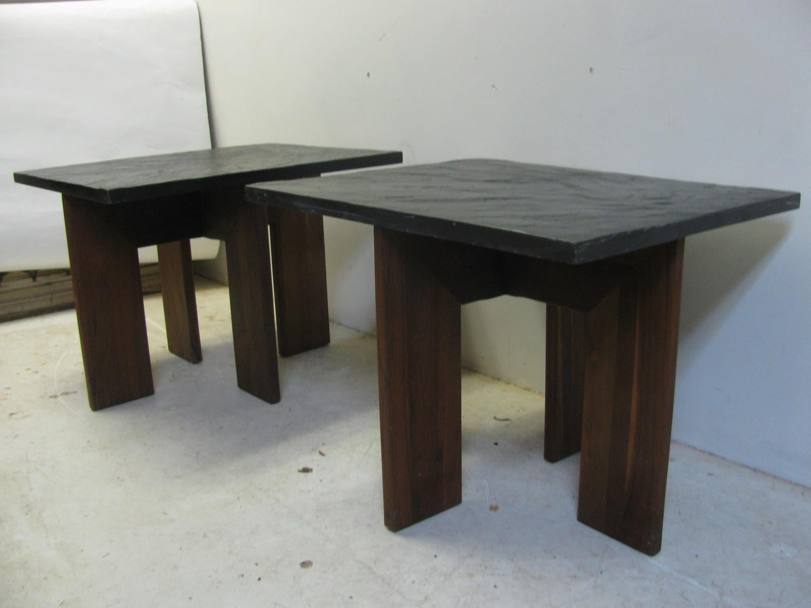 Pair of Brutalist Mid-Century Modern Slate Top End Tables 4