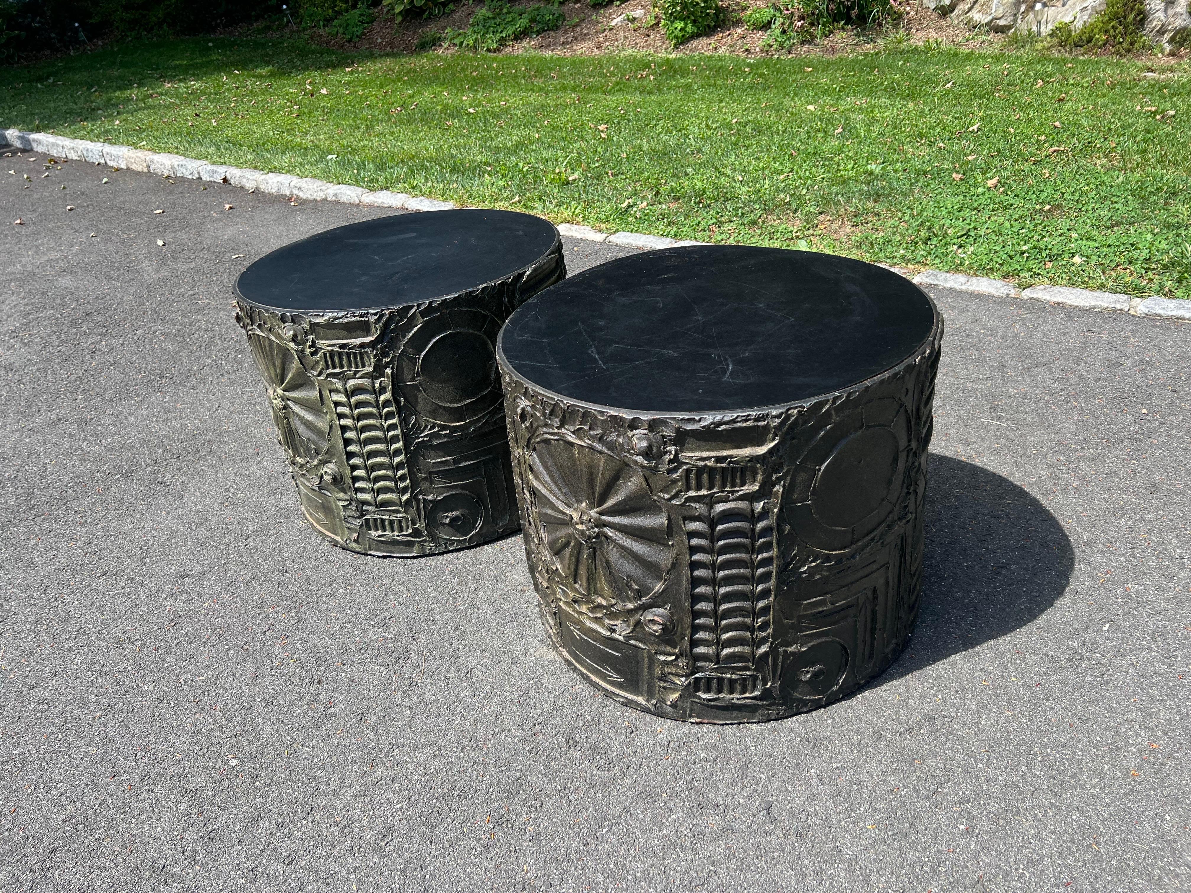 Adrian Pearsall Craft Associates Brutalist Pair of Large Side End or Accent Tables , Cylinder in shape . These highly decorated resin surfaces are similar to Paul Evans Brutalist Sculpted Bronze Series studio pieces. The finish on these tables is