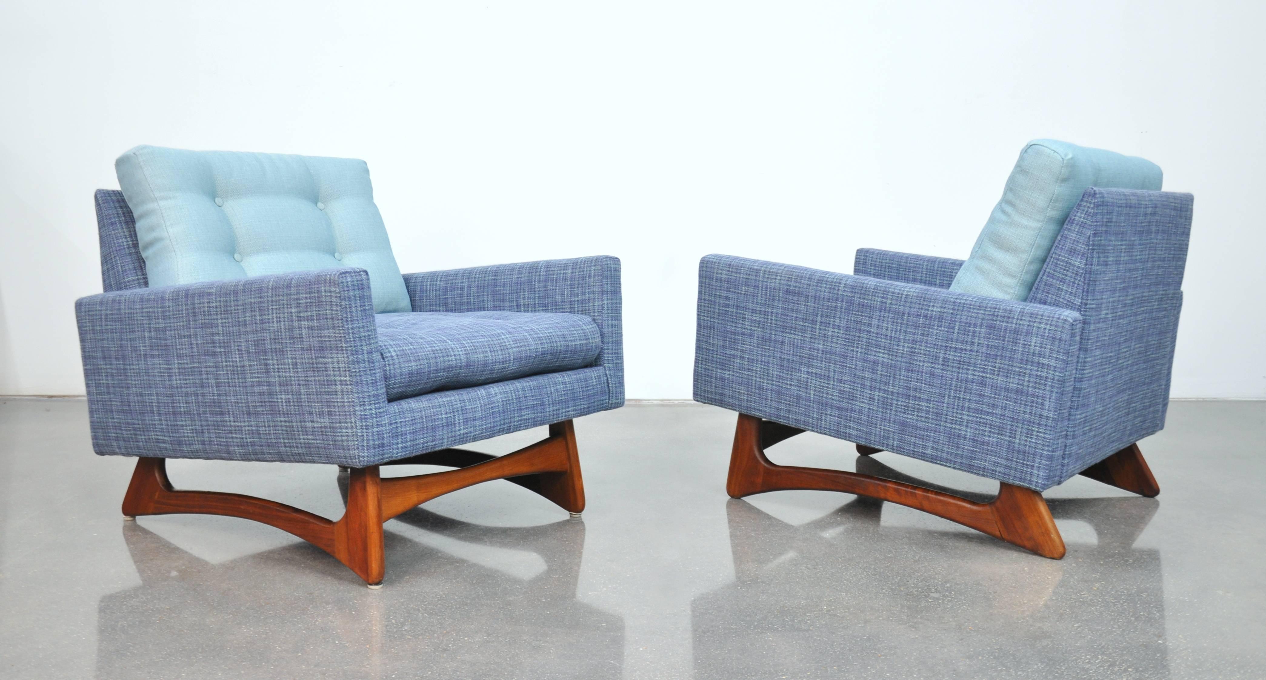 American Pair of Adrian Pearsall for Craft Associates Walnut and Blue Tweed Lounge Chairs