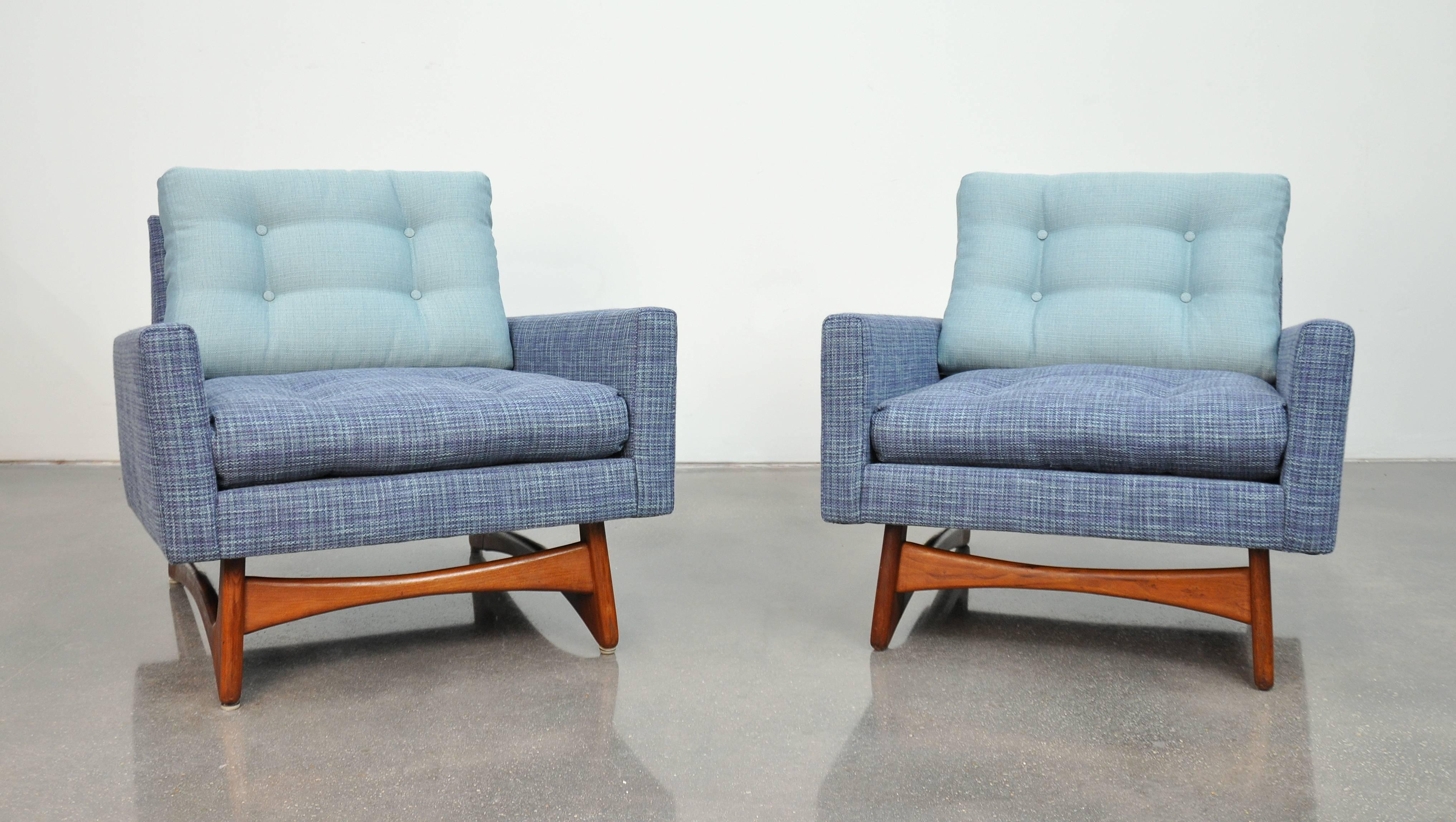 Fabric Pair of Adrian Pearsall for Craft Associates Walnut and Blue Tweed Lounge Chairs