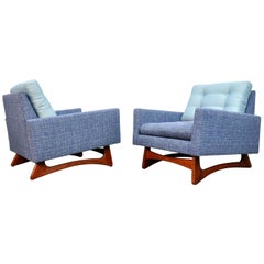 Vintage Pair of Adrian Pearsall for Craft Associates Walnut and Blue Tweed Lounge Chairs
