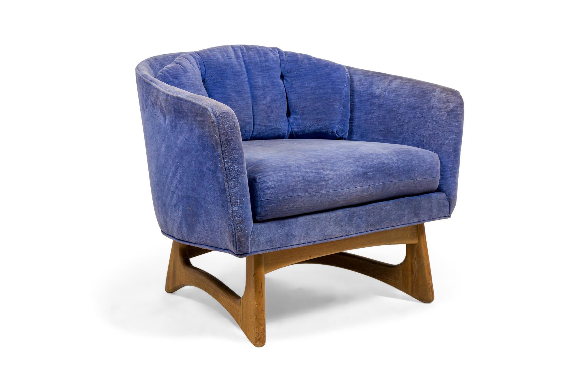 PAIR of American mid-century armchairs with freeform sculptured walnut frames and bases, curved backs, and periwinkle velour upholstery with channeled back cushions. (ADRIAN PEARSALL FOR CRAFT ASSOCIATES)(PRICED AS PAIR)