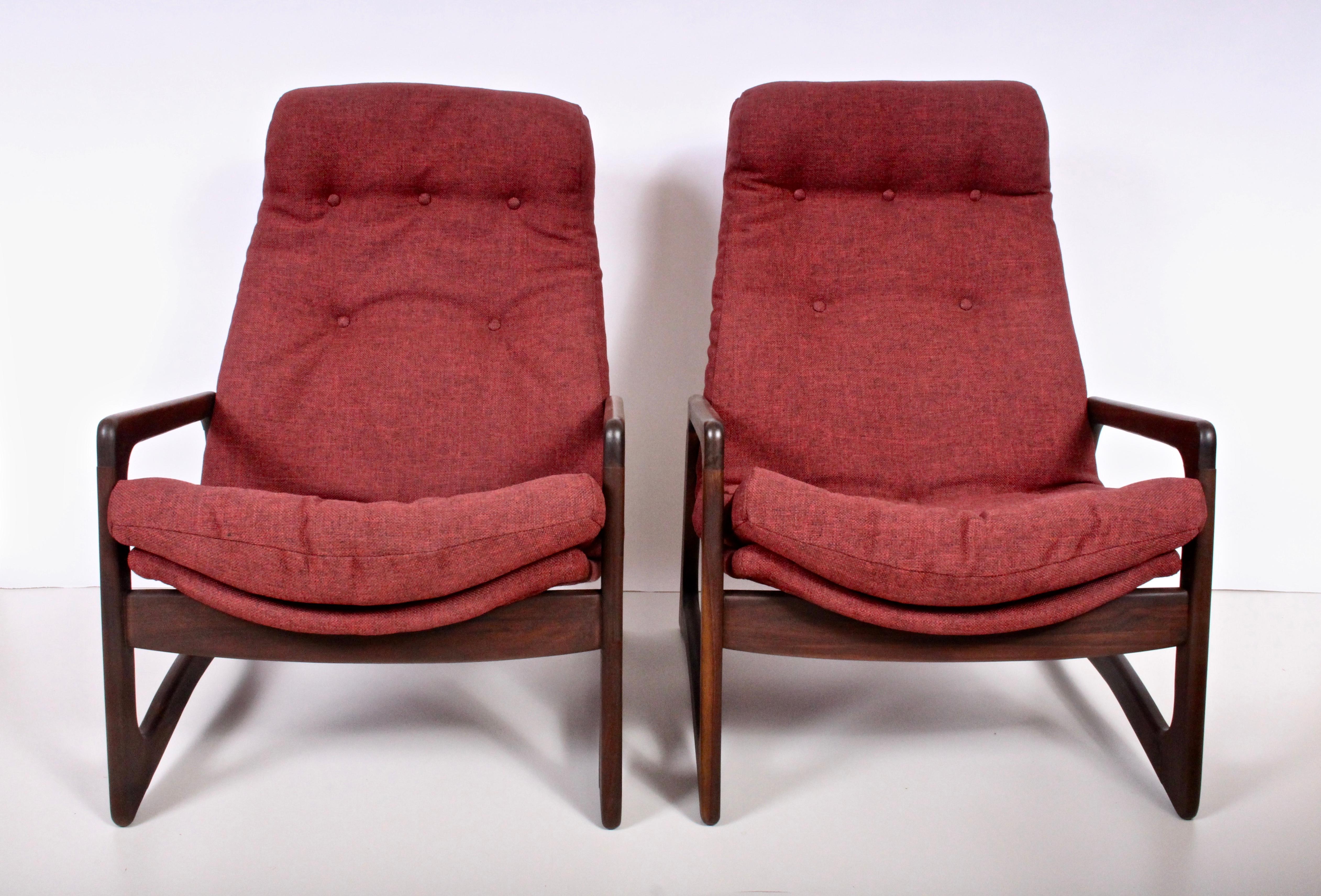Pair of Adrian Pearsall for Craft Associates Inc. walnut lounge armchairs, 1960's. Featuring an ergonomic design in solid Walnut with new woven Burgundy and Black woolen upholstery. 17H to front of seat. Classic. Casual. Comfort. Made in the USA. 