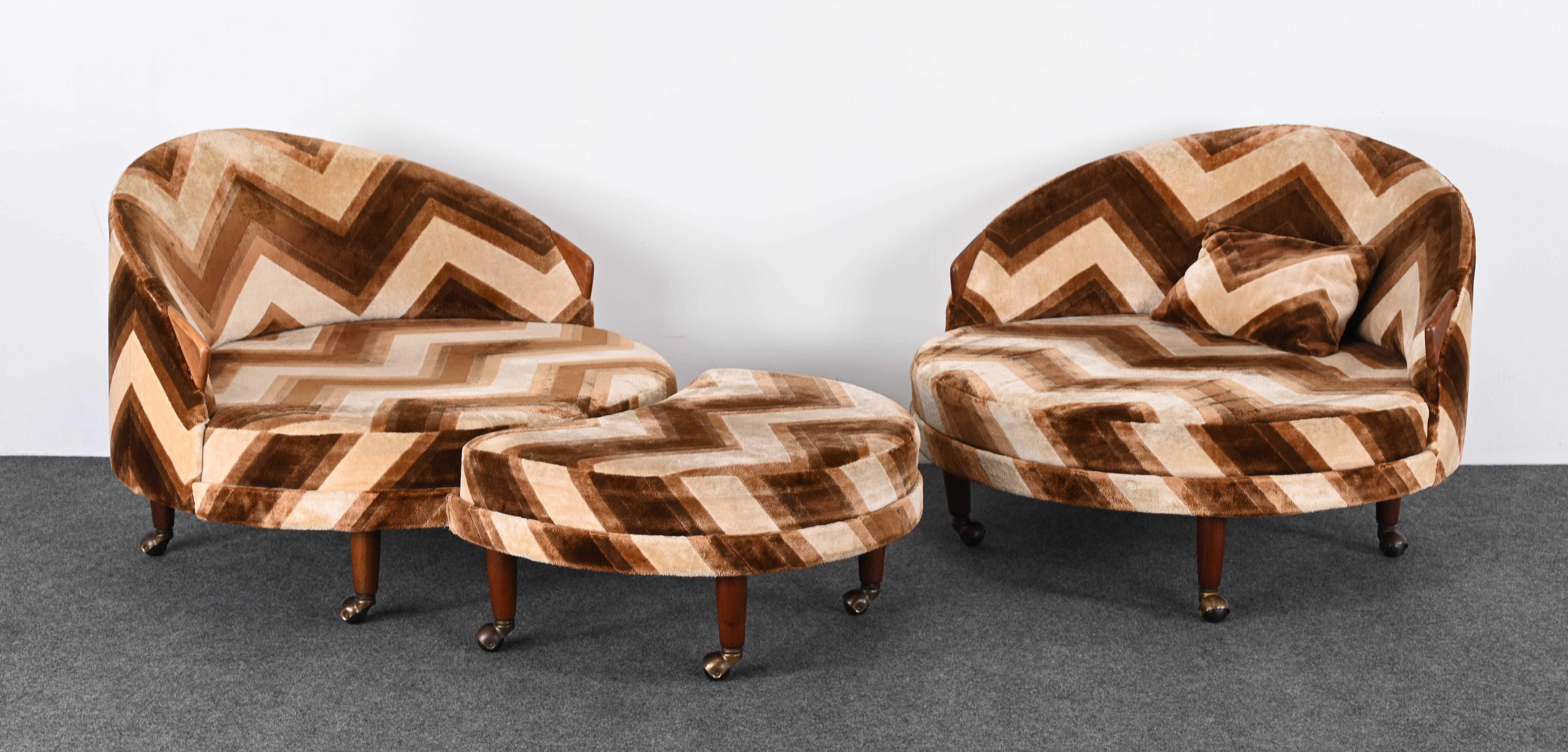 Mid-Century Modern Adrian Pearsall Pair of Havana Lounge Chairs and Ottoman, 1965 For Sale