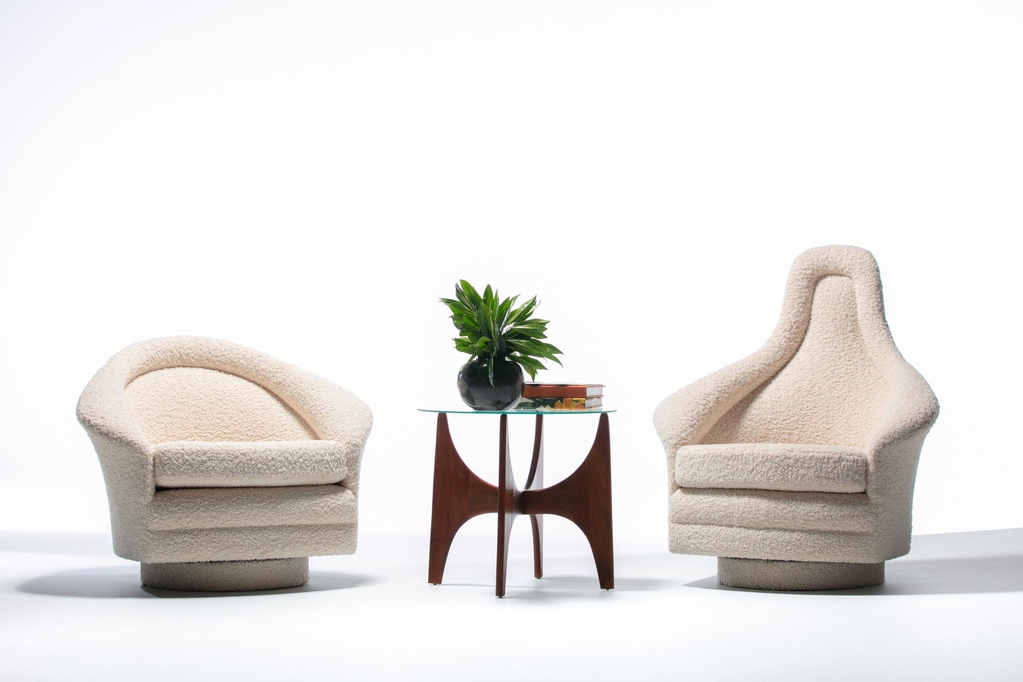 Sculptural Mom & Pop swivel chairs by Adrian Pearsall for Craft Associates circa 1970 freshly and professionally reupholstered in luxurious Ivory Bouclé. Furniture that's art. Arms gently slope out like a blossoming tulip. An overstuffed cushion