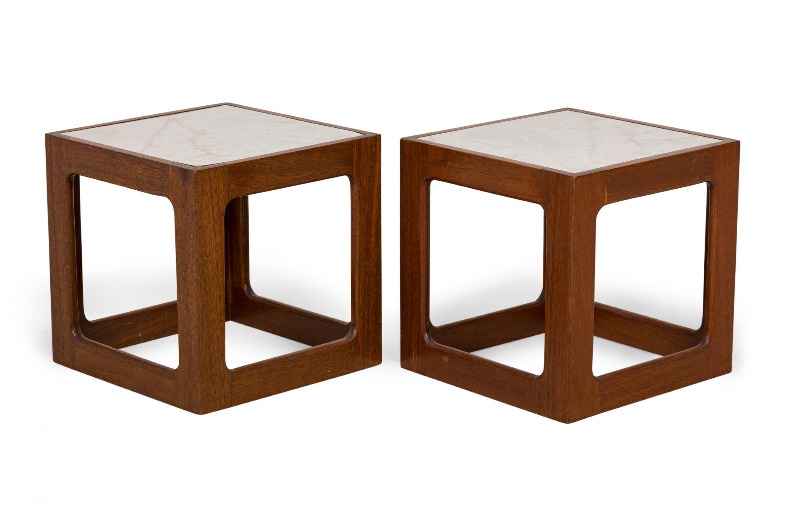 PAIR of American Mid-Century end / side tables with wooden open cube frames supporting inset white faux marble tops. (ADRIAN PEARSALL)(PRICED AS PAIR)(Matching coffee table: DUF0571)

