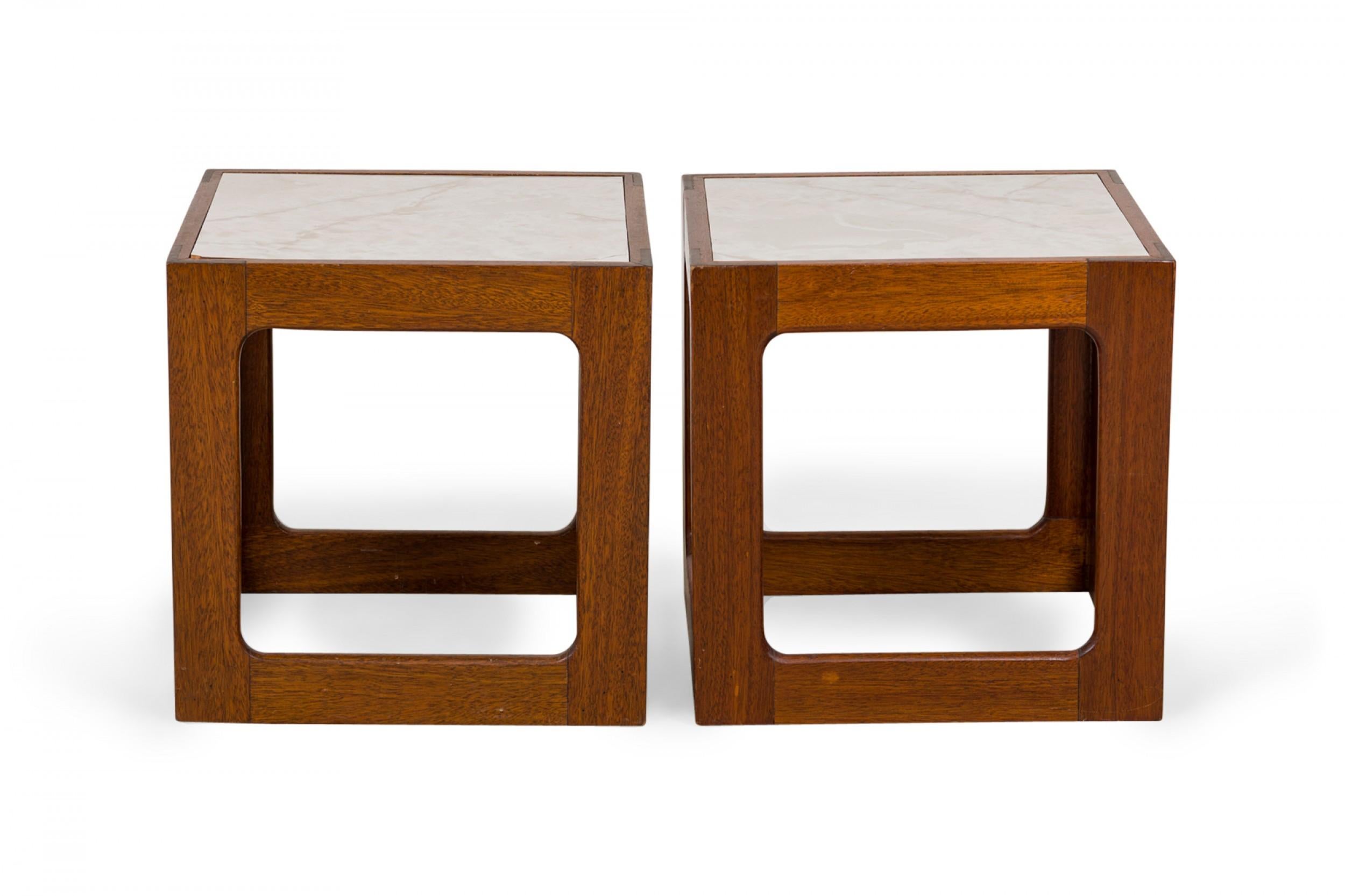 Mid-Century Modern Pair of Adrian Pearsall Open Cube Wood and Faux White Marble End / Side Tables For Sale