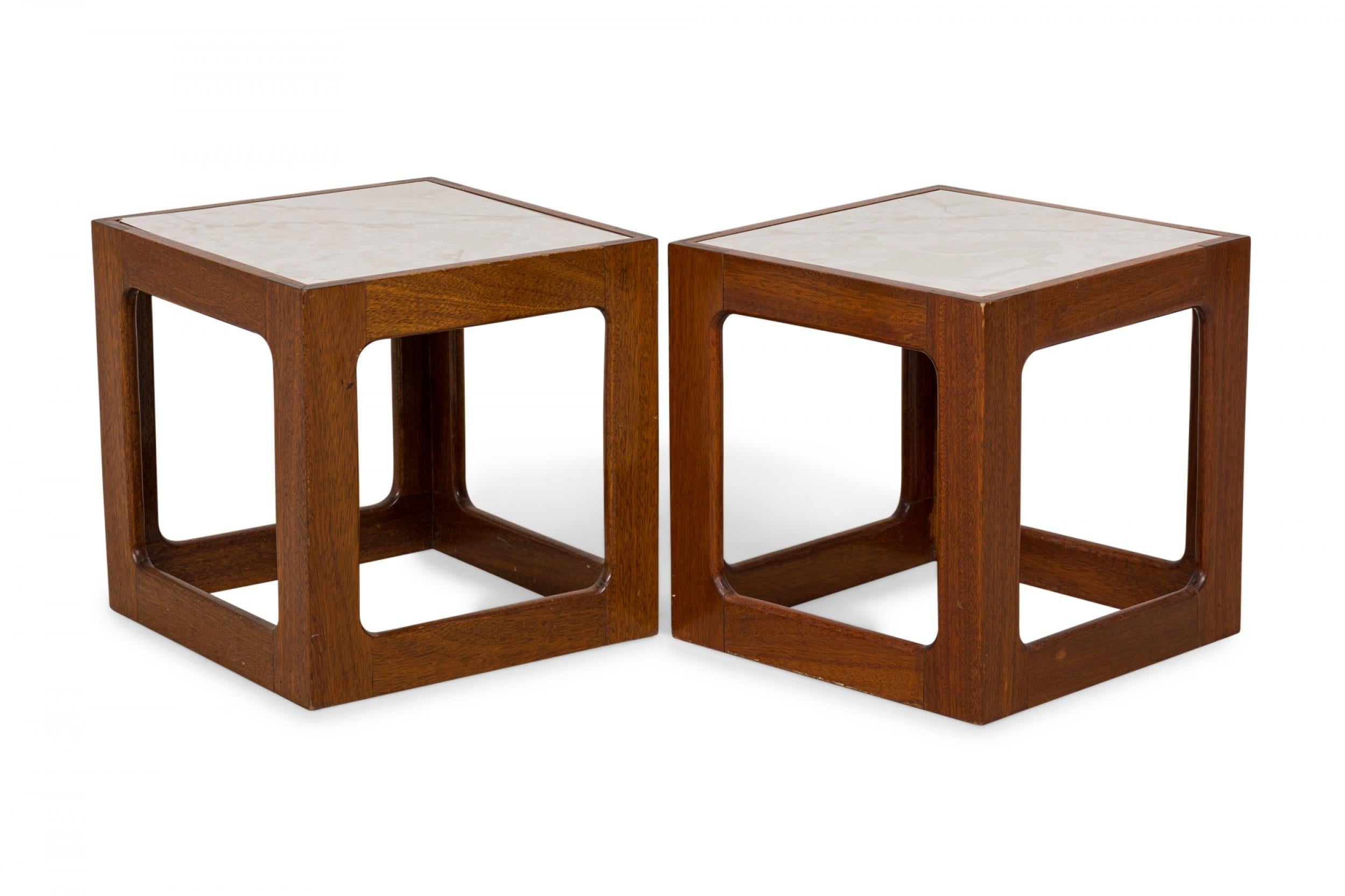 American Pair of Adrian Pearsall Open Cube Wood and Faux White Marble End / Side Tables For Sale