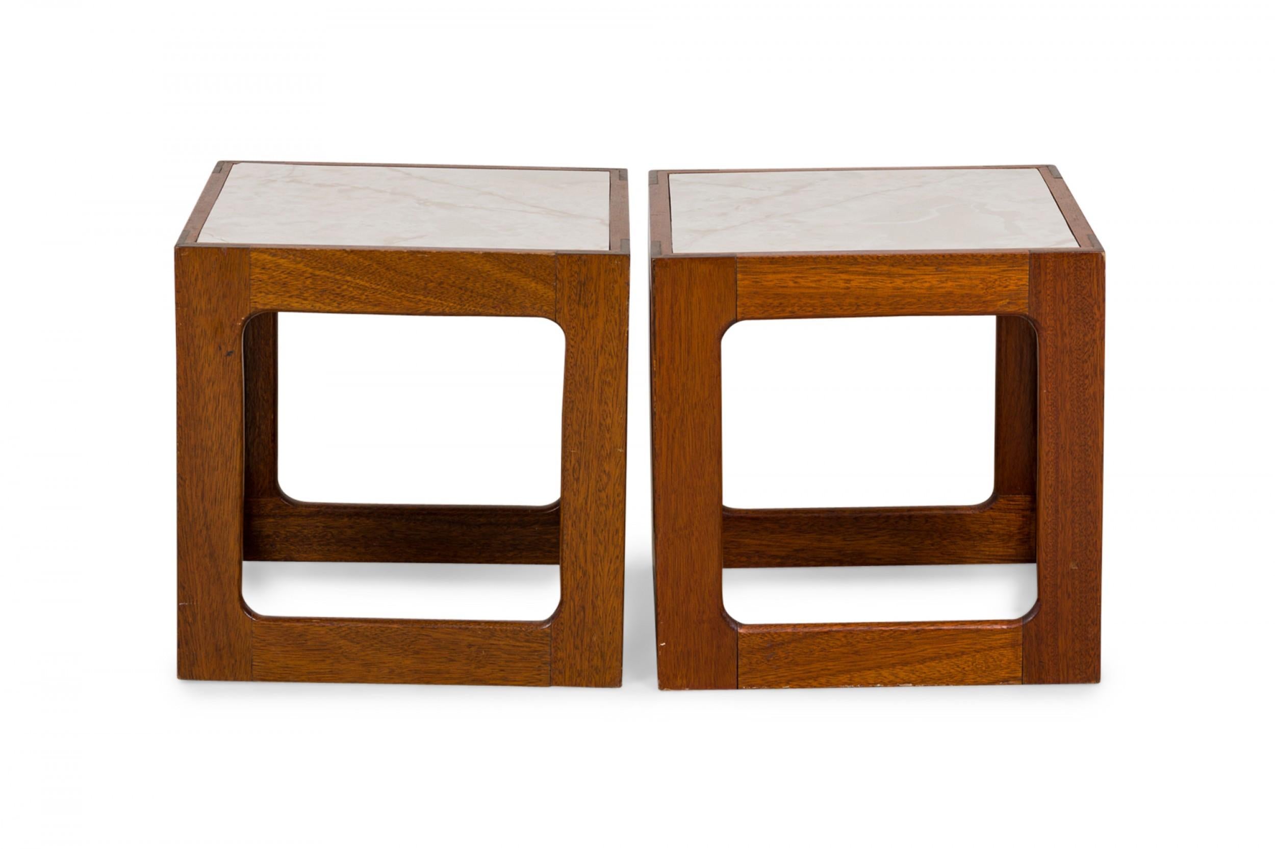 Pair of Adrian Pearsall Open Cube Wood and Faux White Marble End / Side Tables In Good Condition For Sale In New York, NY