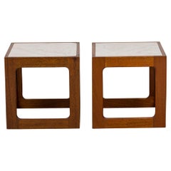 Pair of Adrian Pearsall Open Cube Wood and Faux White Marble End / Side Tables