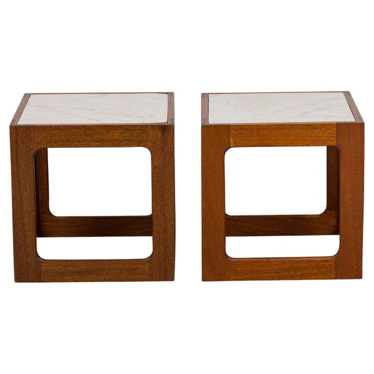 Pair of Adrian Pearsall Open Cube Wood and Faux White Marble End / Side