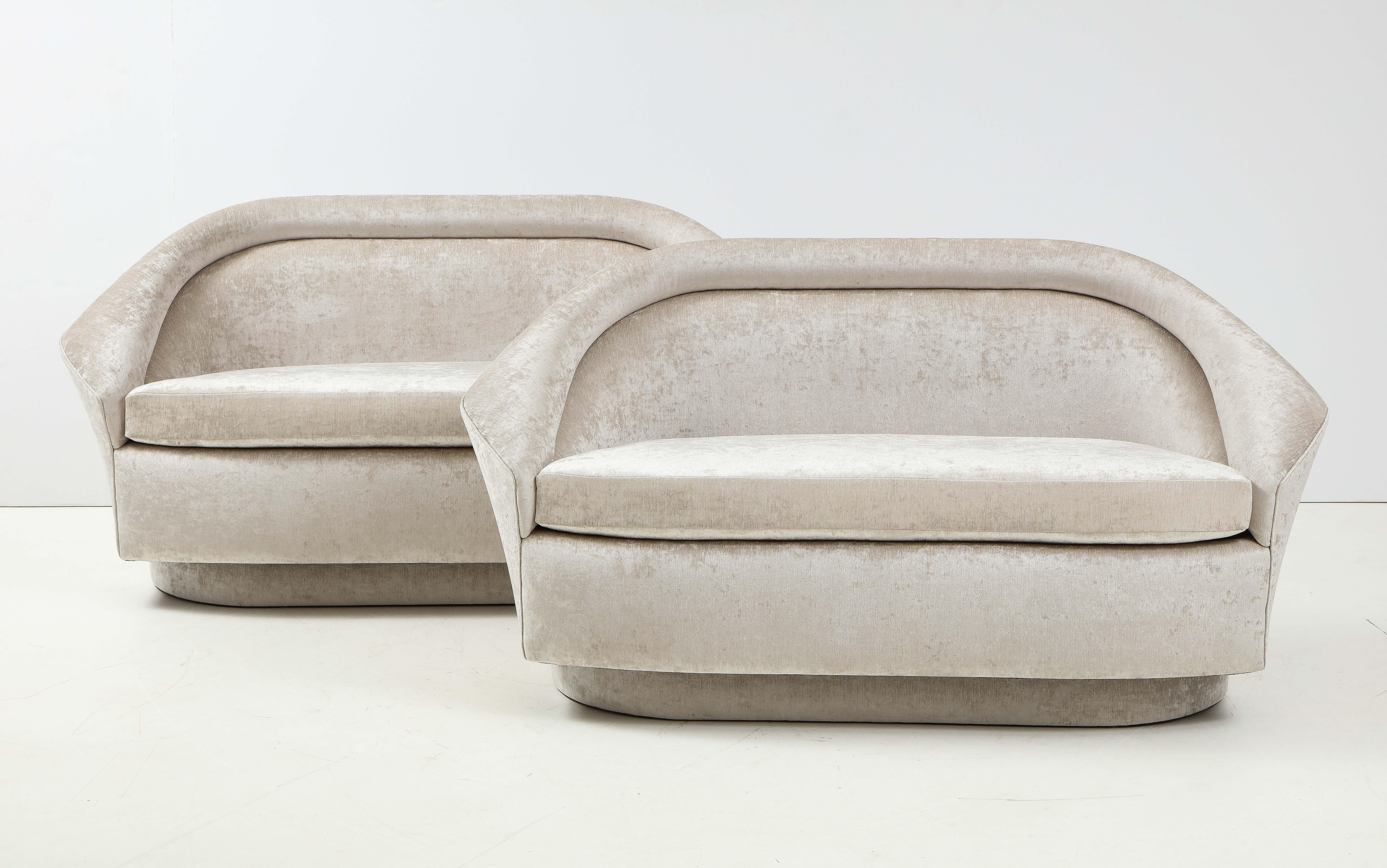 Pair of 1970's Settee's by Adrian Pearsall.
Sculptural pair of elegant settee's that have been Newly reupholstered
in a Luxurious chenille fabric that is very durable. 
 