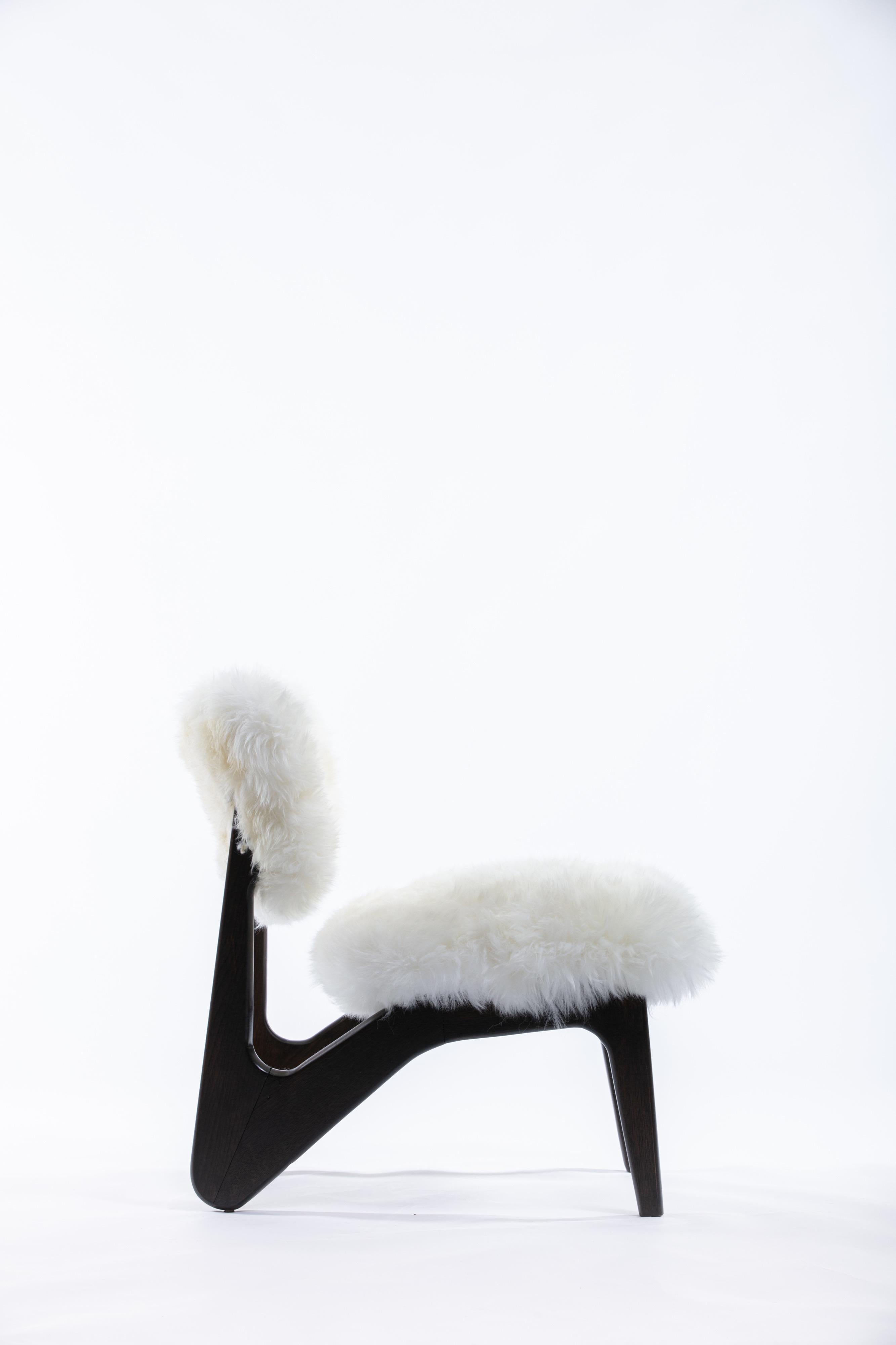 Pair of Ivory Sheepskin & Sculpted Walnut Slipper Chairs  4