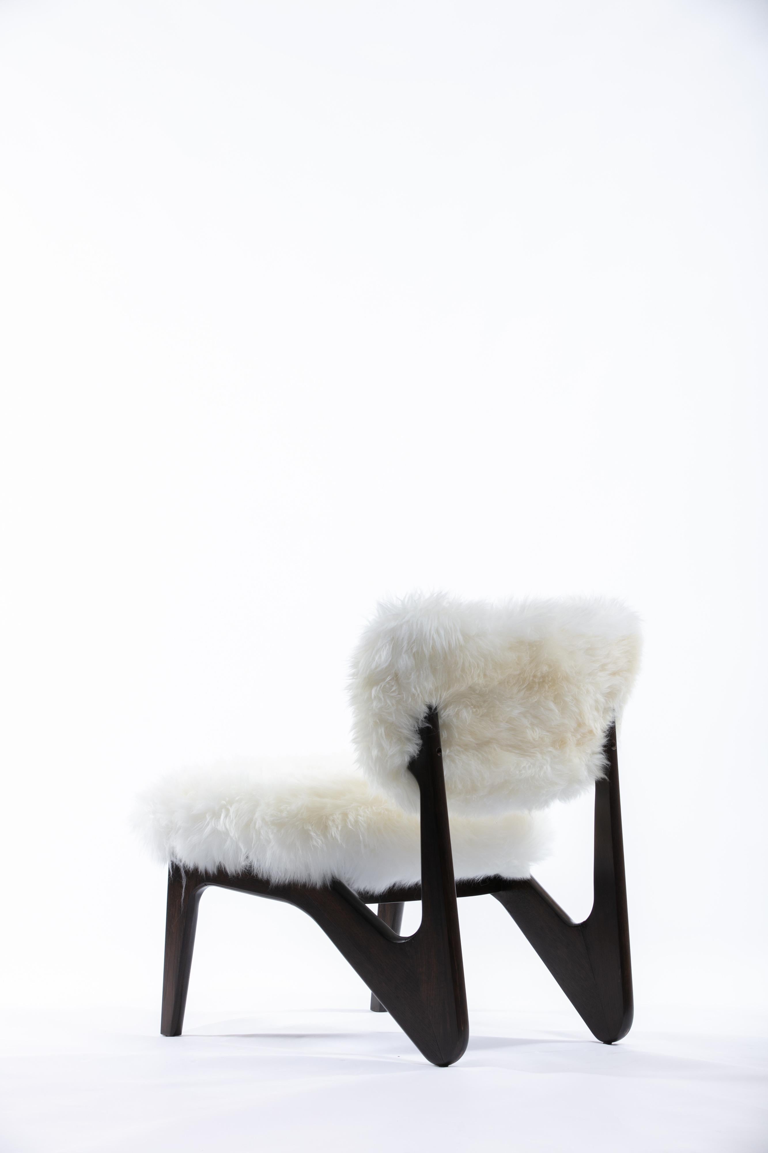 Pair of Ivory Sheepskin & Sculpted Walnut Slipper Chairs  6
