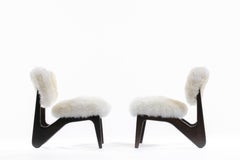 Pair of Ivory Sheepskin & Sculpted Walnut Slipper Chairs