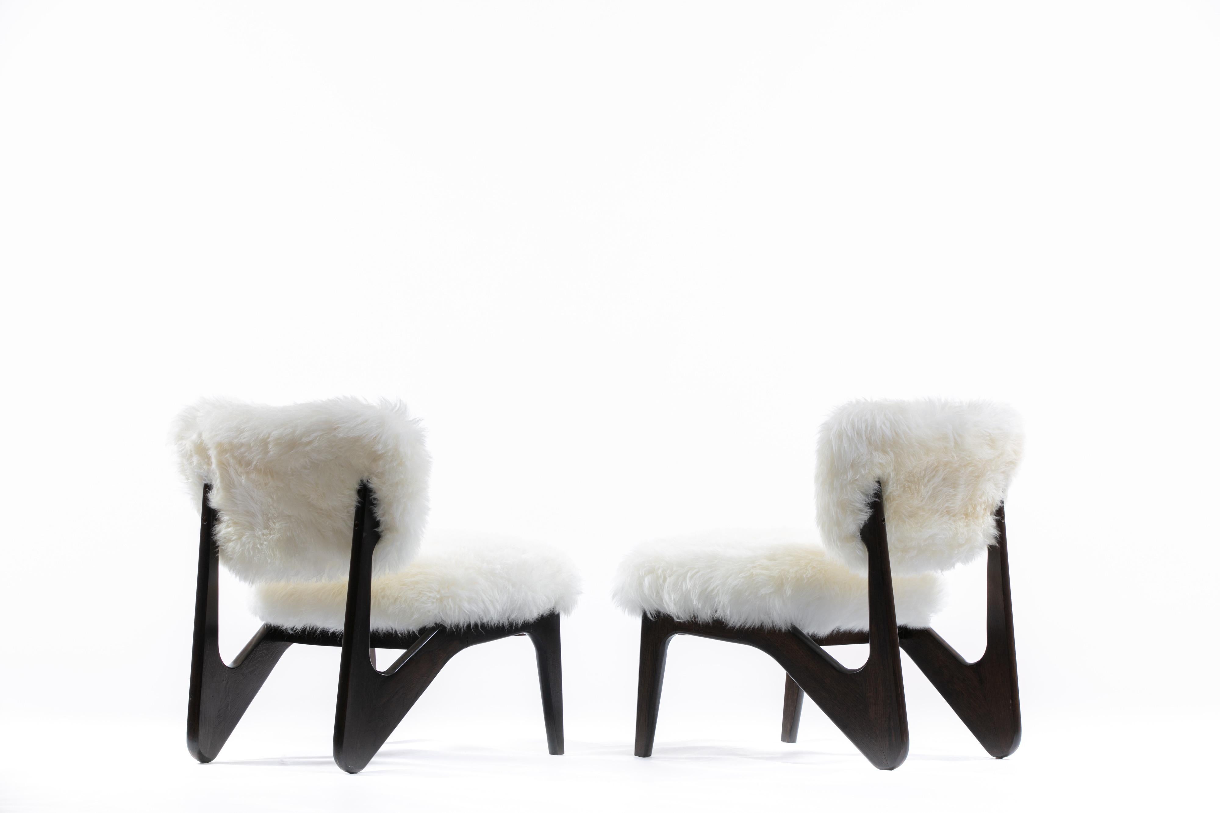 Mid-Century Modern Pair of Ivory Sheepskin & Sculpted Walnut Slipper Chairs 